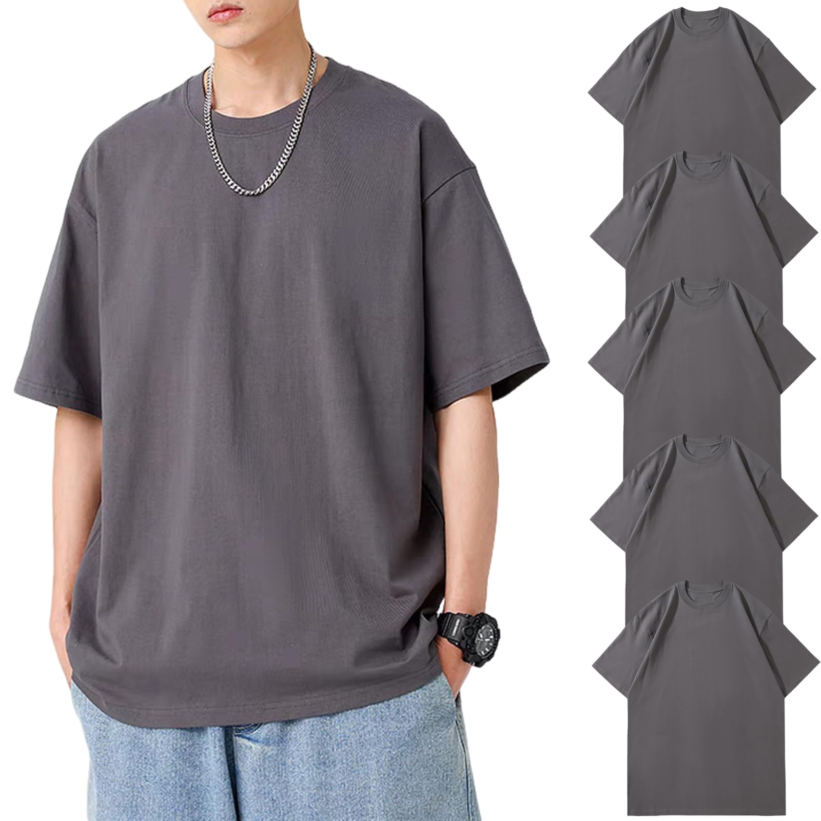 【送料無料】Hisitosa インナーシャツ5枚組 綿100% 8 オンス 中厚手 Tシャツ メンズ 半袖 セット 柔らかい 快適 肌着 丸首 防菌防臭 シャツ 下着 無地 複数色選び 男女兼用 春 夏 秋 冬 色：5枚組-ダークグレー、サイズ：L