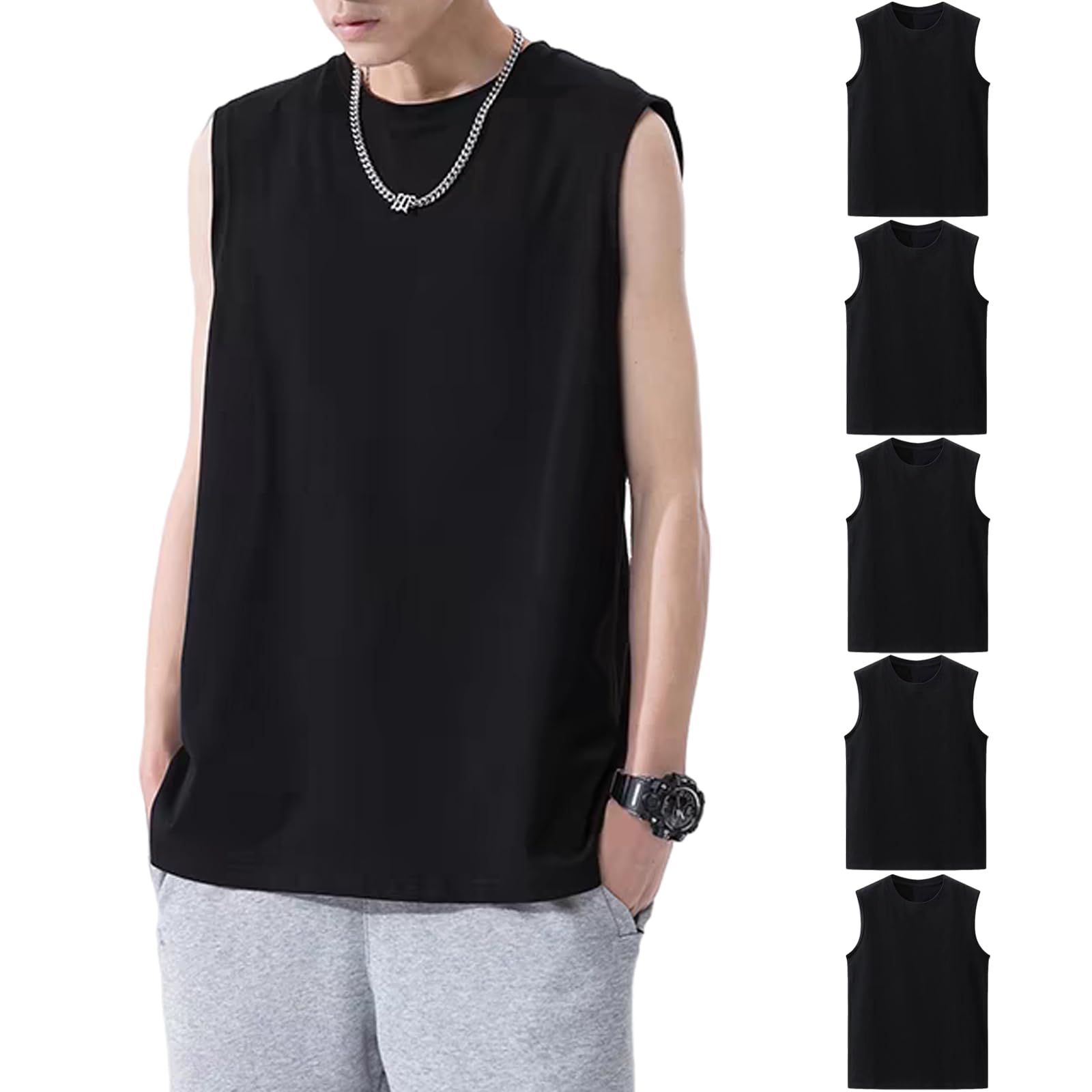 【送料無料】Hisitosa インナーシャツ メンズ タンクトップ 3枚組 5枚組 綿100% 肌着 メンズ tシャツ ノースリーブ 無地 スポーツ 下着 ゆったり 大きいサイズ 柔らかい 防菌防臭 通気性 色：5枚組-ブラック、サイズ：XL
