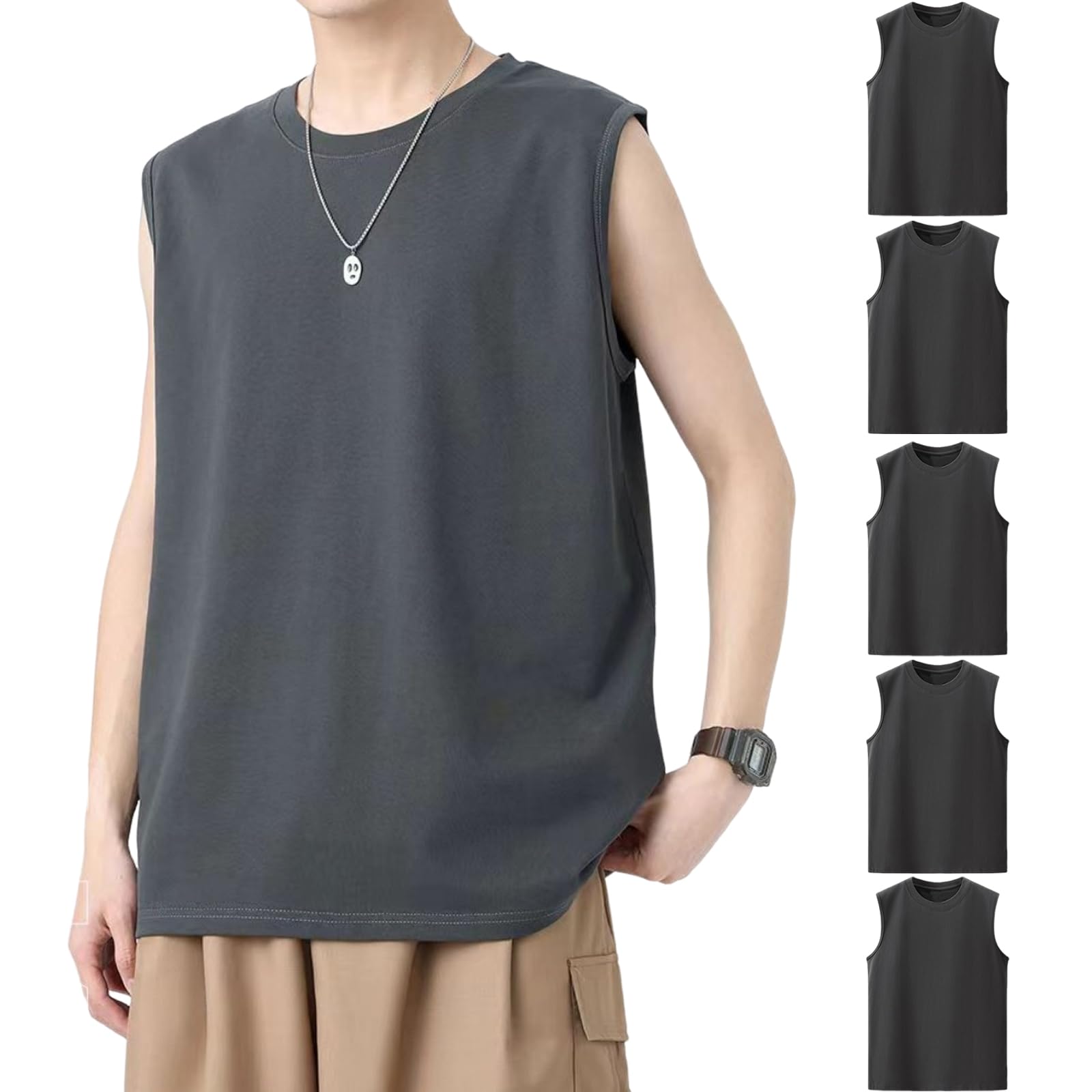 【送料無料】Hisitosa インナーシャツ メンズ タンクトップ 3枚組 5枚組 綿100% 肌着 メンズ tシャツ ノースリーブ 無地 スポーツ 下着 ゆったり 大きいサイズ 柔らかい 防菌防臭 通気性 色：5枚組-ダークグレー、サイズ：2XL