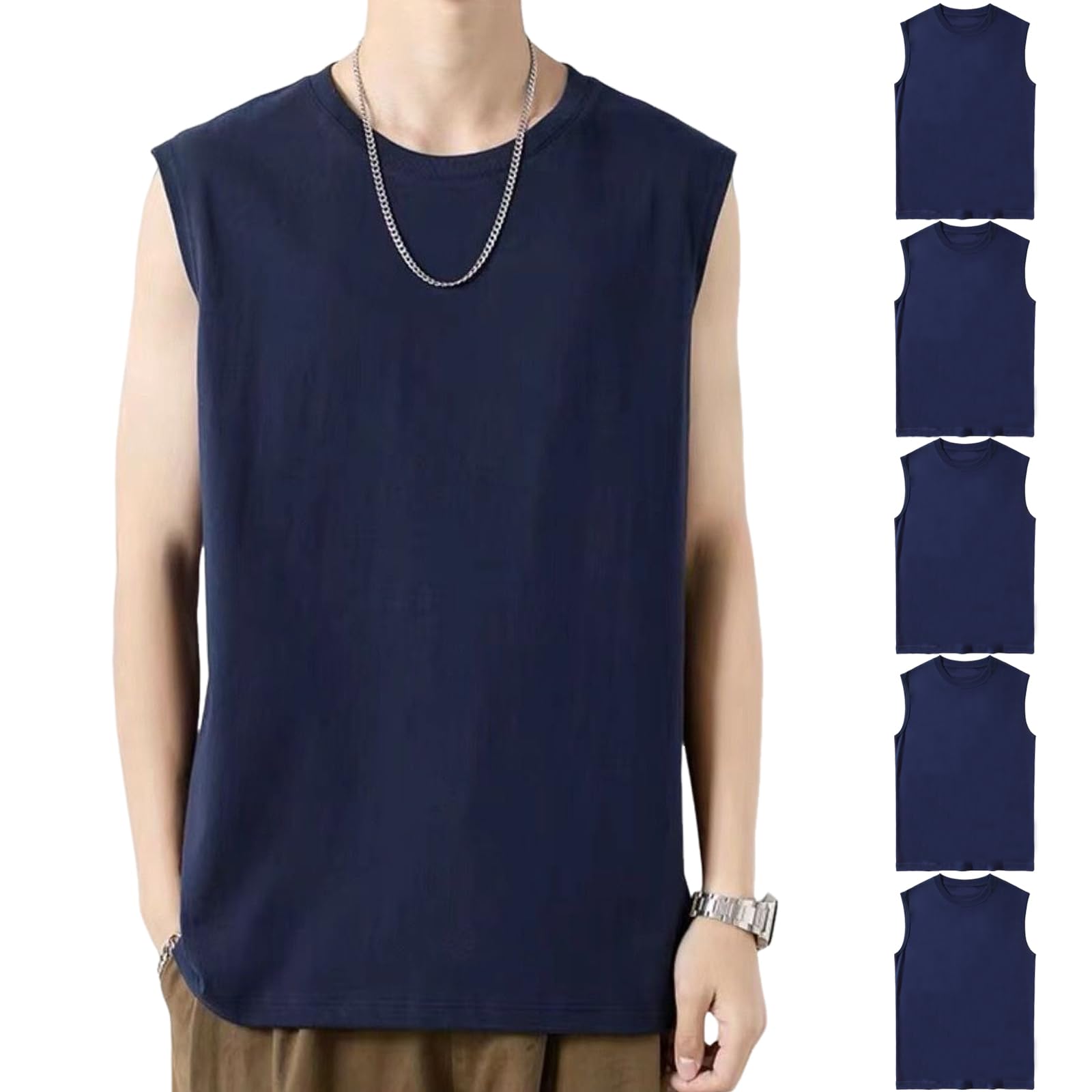 【送料無料】Hisitosa インナーシャツ メンズ タンクトップ 3枚組 5枚組 綿100% 肌着 メンズ tシャツ ノースリーブ 無地 スポーツ 下着 ゆったり 大きいサイズ 柔らかい 防菌防臭 通気性 色：5枚組-ネイビー、サイズ：L