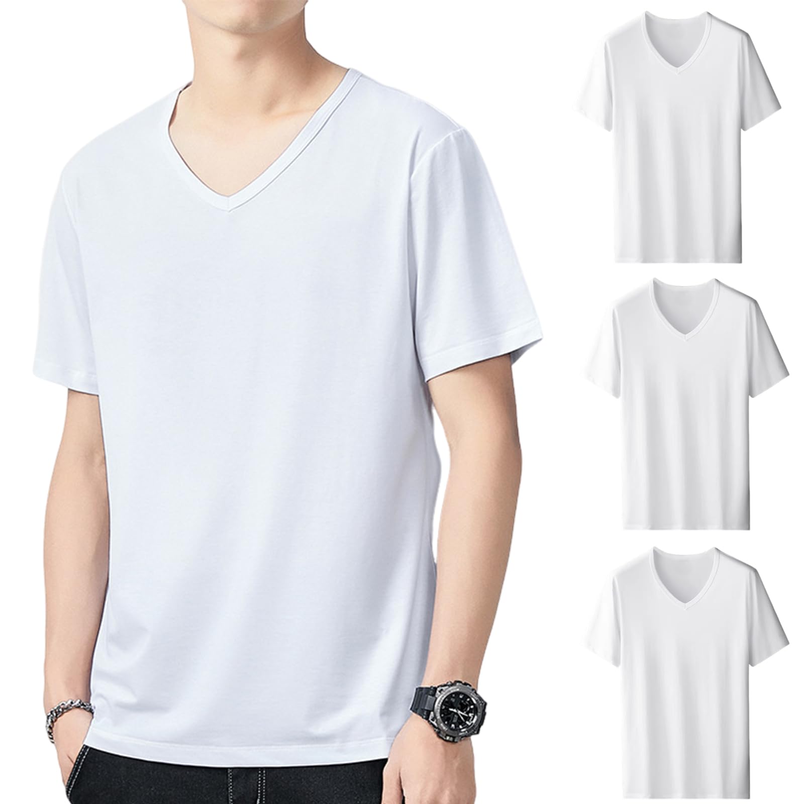 【送料無料】[HISITOSA] インナーシャツ メンズ 半袖【驚異の吸汗速乾力】 肌着 Vネック3/5枚組【驚異の柔らかさ】 シャツ 下着 【驚異的な伸縮性能】 色：3枚組-ホワイト、サイズ：2XL