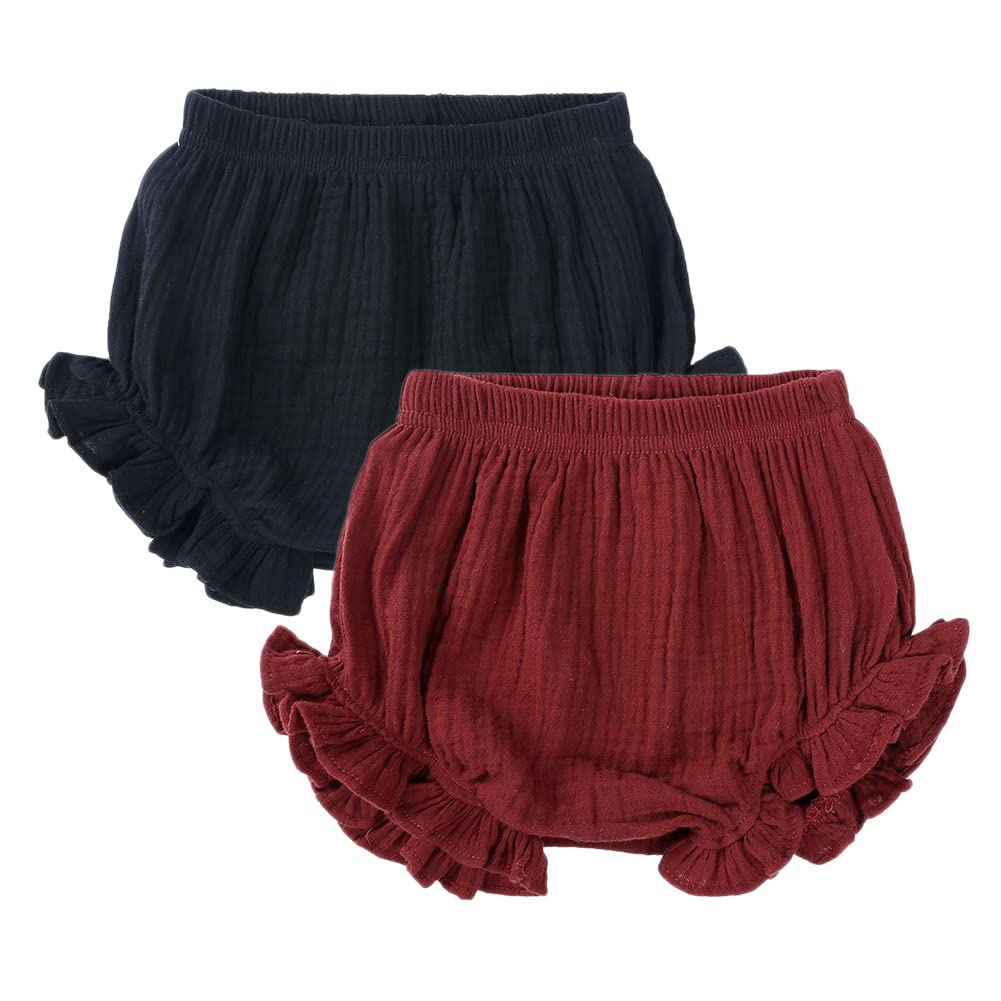 【送料無料】[KISBINI] ベビー服 オーバーパンツ ブルマ ショートパンツ カボチャパンツ 下着 2点 ガーゼ綿 肌着 トレーニングパンツかオムツの上に 通気 柔軟 夏服 赤ちゃん 新生児 ボトムス 可愛い キッズ 女の子 男の子 70 80 90 100 色：黒+ワイン、サイズ：100