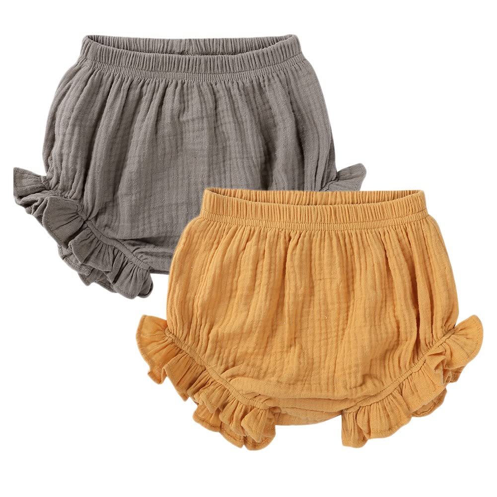 【送料無料】[KISBINI] ベビー服 オーバーパンツ ブルマ ショートパンツ カボチャパンツ 下着 2点 ガーゼ綿 肌着 トレーニングパンツかオムツの上に 通気 柔軟 夏服 赤ちゃん 新生児 ボトムス 可愛い キッズ 女の子 男の子 70 80 90 1 色：カーキ+イエロー、サイズ：90