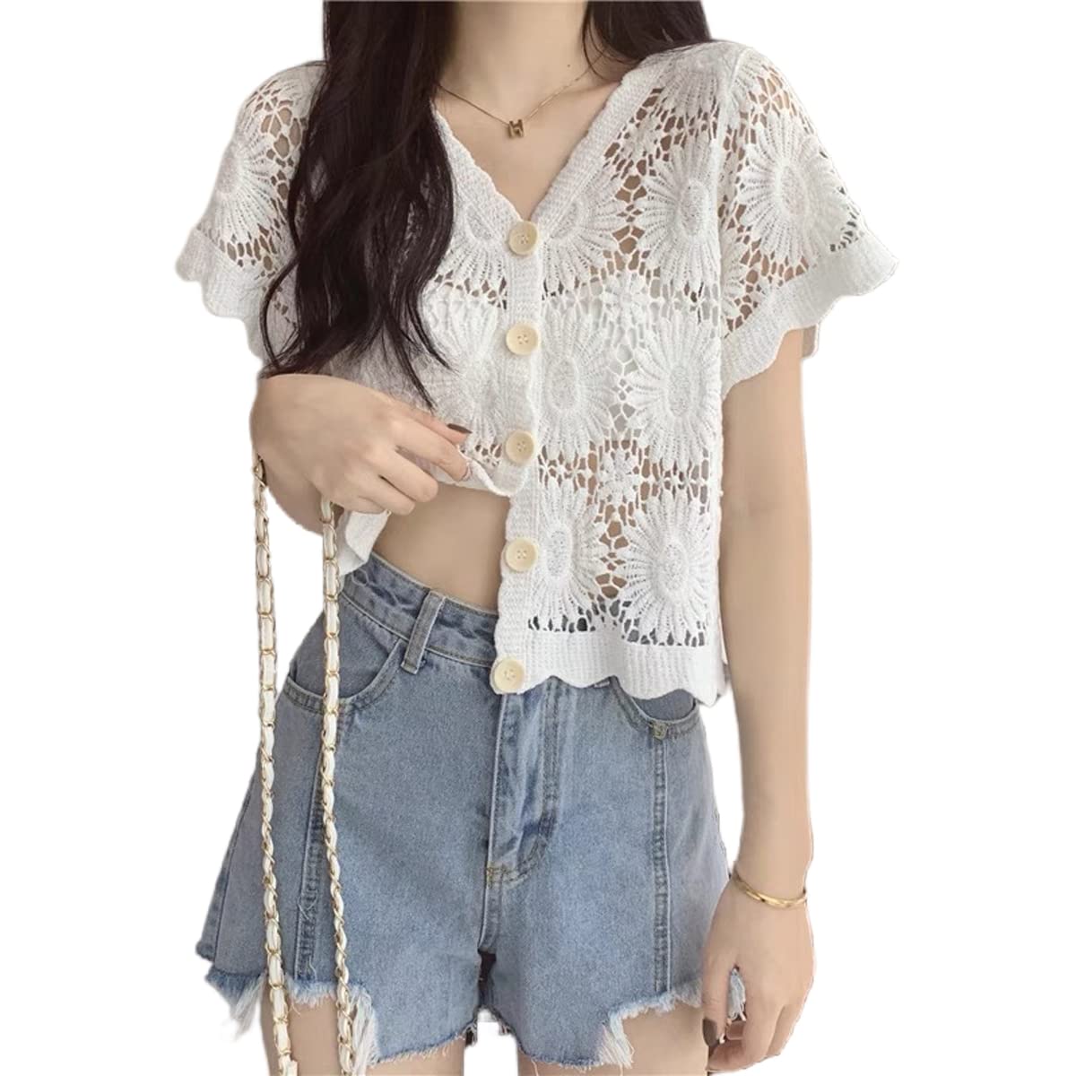 【送料無料】[KARZUKI] カーディガン レディース 刺繍 レース 中空 UVカット 可愛い 薄手 Vネック 長袖 半袖 冷房対策 綿 ゆったり 大きいサイズ おしゃれ 女らしい 夏用 ガールズトップス 色：ホワイト（半袖）、サイズ：Free Size