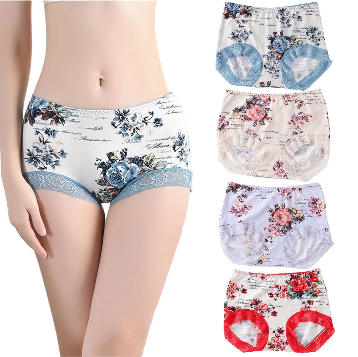 【送料無料】[KARZUKI] ショーツレディース下着セット ミッドウエスト インナー 涼しい 超薄手パンツ レース 花柄 セクシーショーツ 可愛い 綿クロッチ 女性美形ショーツ 大きいサイズ 110KGまで 色：4枚セット（綿柄）、サイズ：2XL