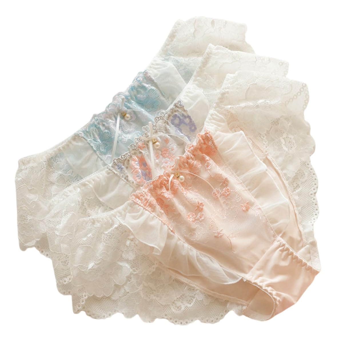 【送料無料】[KARZUKI] サテンパンティー 3枚組 アイスシルク生地 セクシーローライズ レディース下着 可愛いリボン フリル レース サラサラ 学生 ガールズショーツ 刺繍 コットンクロッチ 大きいサイズ 色：3枚セット（J組)、サイズ：XL