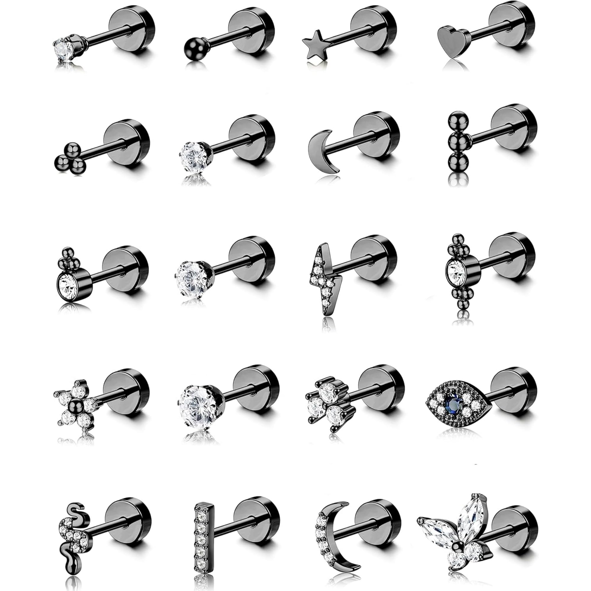 【送料無料】Jstyle【20点セット】 軟骨 ピアス レディース 人気 ジルコニア 女性 小さめ サージカルステンレス アレルギー対応 スタッド ピアス 女性 プラチナ ゴールド 軟骨 スタッド ピアス ボール ハート スター ピアス 20G 色：ブラック