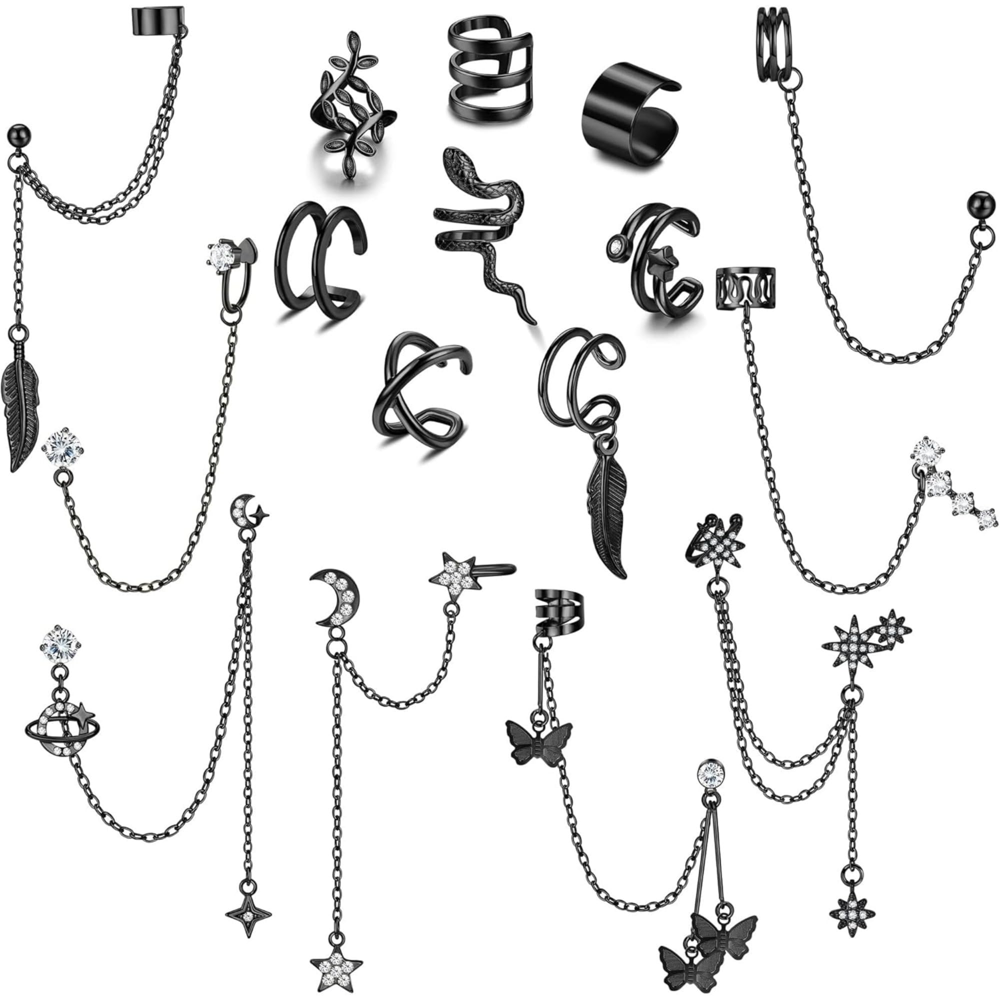 【送料無料】Jstyle チェーン ピアス レディース 人気 セット ピアス 揺れる イヤーカフ チェーン 軟骨 調整可能 イヤーカフ セット ピアス シルバー ゴールド ブラック 女性 ジュエリー 色：ブラック、サイズ：通用