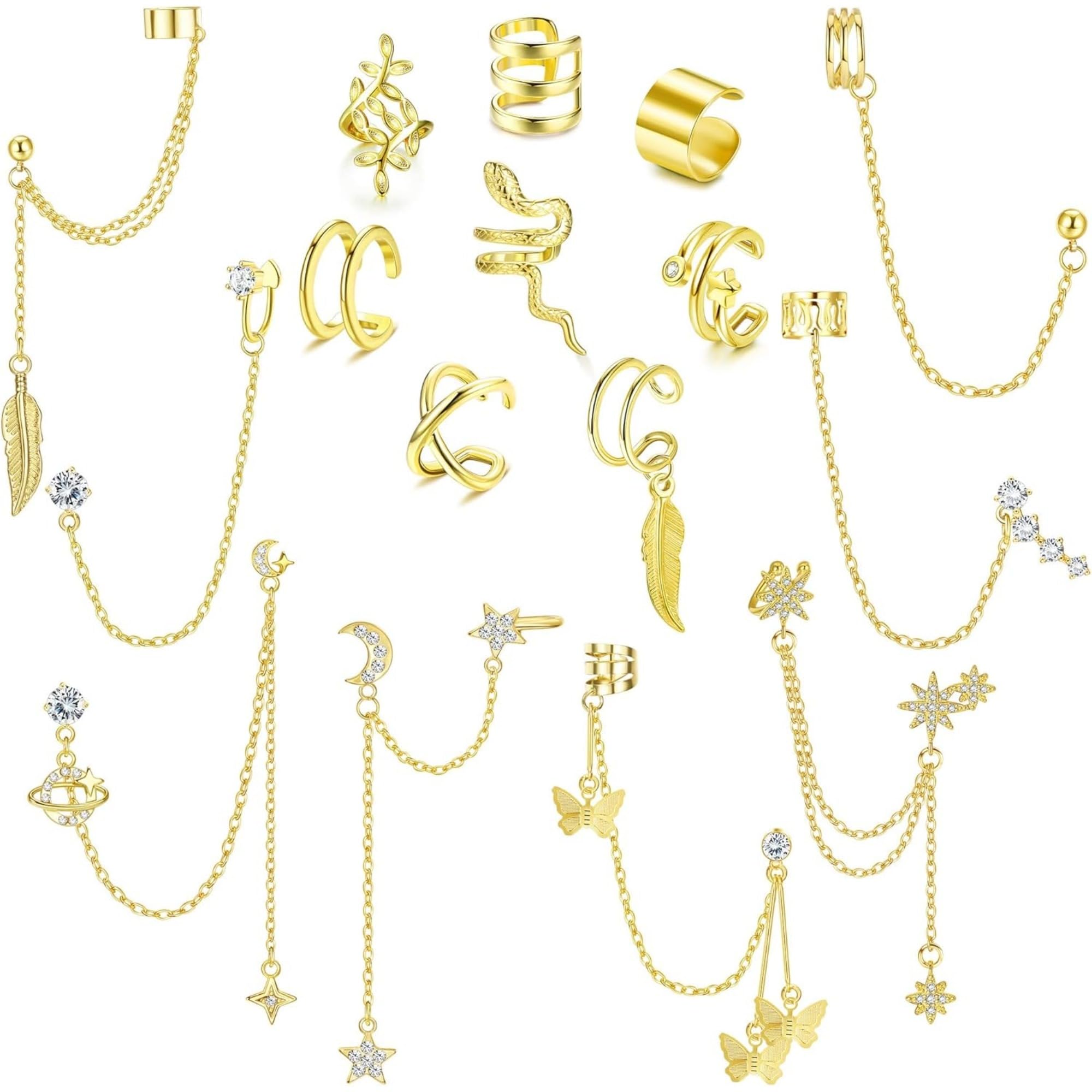 【送料無料】Jstyle チェーン ピアス レディース 人気 セット ピアス 揺れる イヤーカフ チェーン 軟骨 調整可能 イヤーカフ セット ピアス シルバー ゴールド ブラック 女性 ジュエリー 色：ゴールド、サイズ：通用