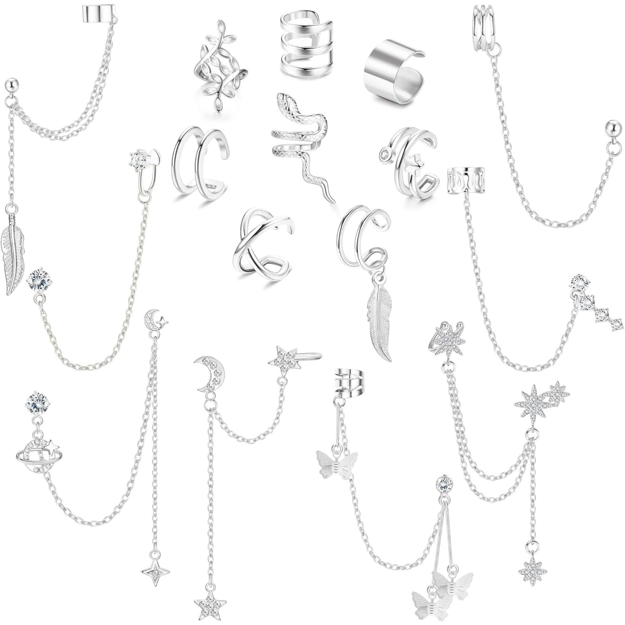 【送料無料】Jstyle チェーン ピアス レディース 人気 セット ピアス 揺れる イヤーカフ チェーン 軟骨 調整可能 イヤーカフ セット ピアス シルバー ゴールド ブラック 女性 ジュエリー 色：シルバー、サイズ：通用