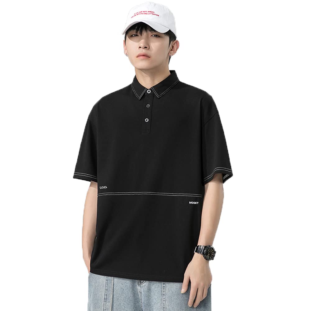 【送料無料】[Maioule] デザイン ポロシャツ メンズ Tシャツ 半袖 シャツ オシャレ シンプル 3カラー M～3XL 色：ブラック、サイズ：3XL