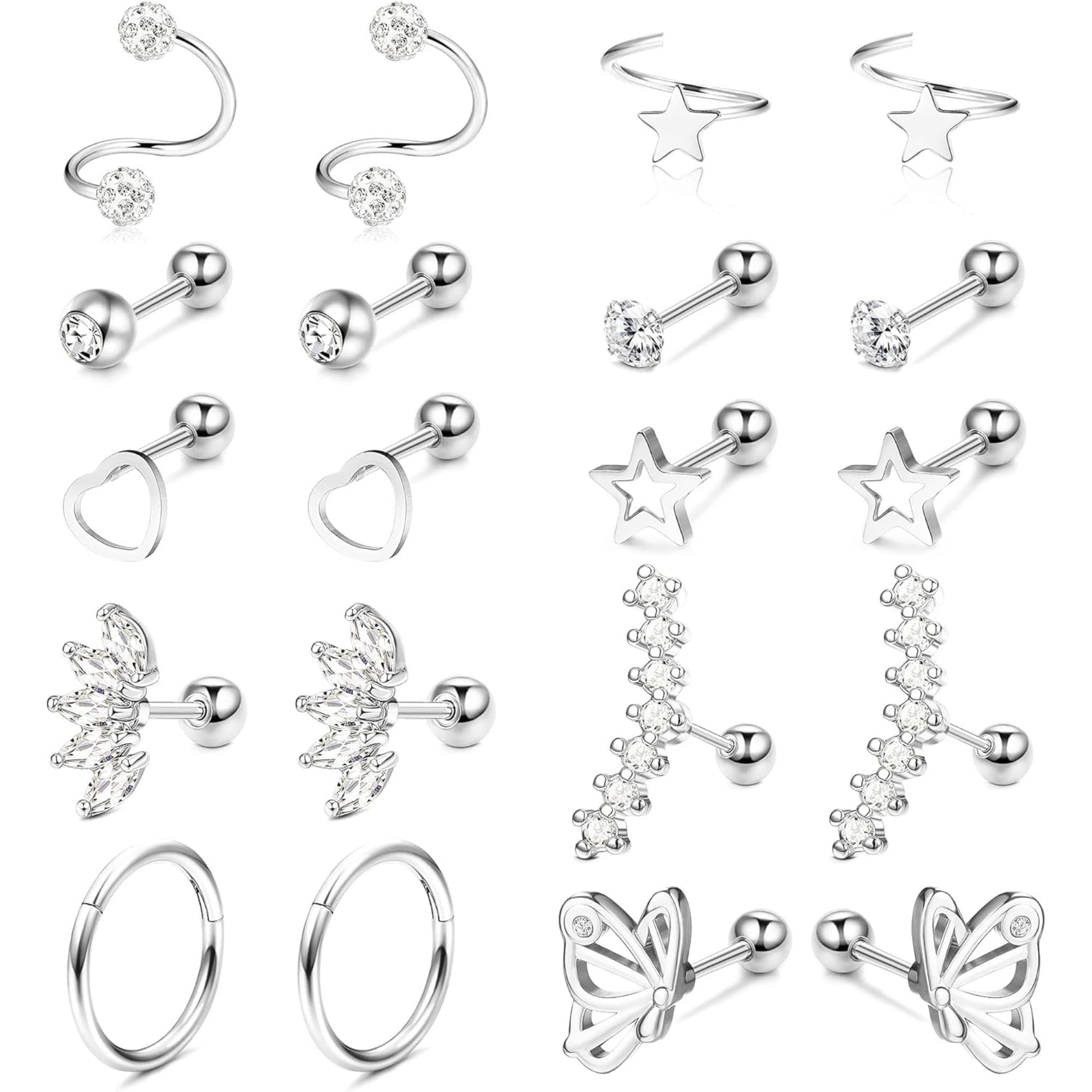【送料無料】[Jstyle] 10ペア 軟骨 ピアス セット レディース スタッド フープ ピアス 女性 ハート スター バタフライ CZ 18G 16G ステンレス ヘリックス ピアス ジュエリー 色：シルバー、サイズ：通用