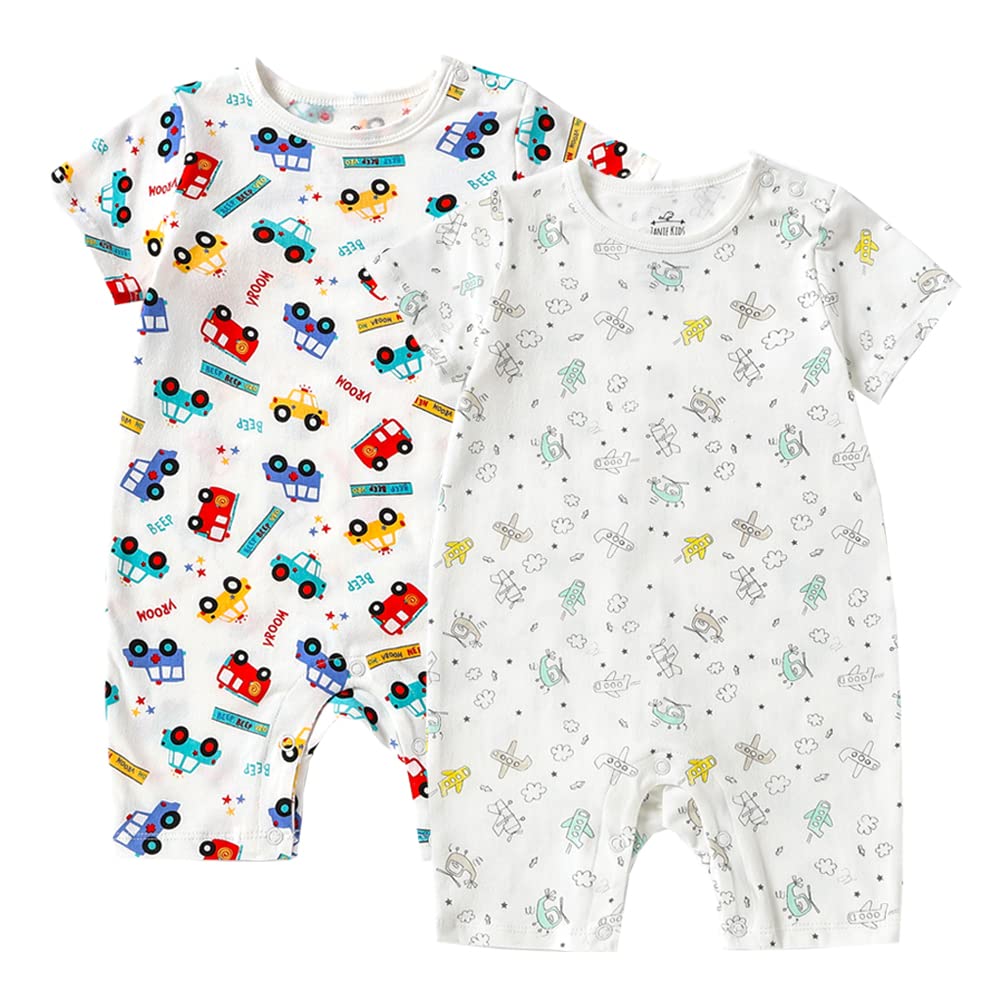 【送料無料】[Baby Nest] ベビー服 半袖 ロンパース 男の子 夏 肩ボタン フルプリント コットン セット 66 73 80 90 色：クルマ＆飛行機、サイズ：90