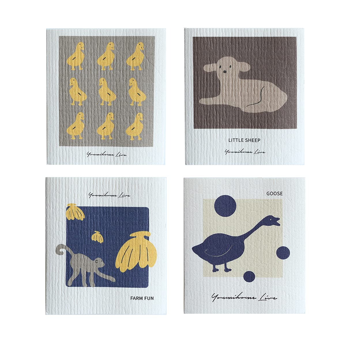 【送料無料】Longwu キッチンワイプ セルロース ふきん クロス 4枚 17x20cm オリジナルデザイン スポンジワイプ 天然繊維 吸水 速乾 ふきん キッチンクロス 色：動物2-4枚、サイズ：20cm x 17cm