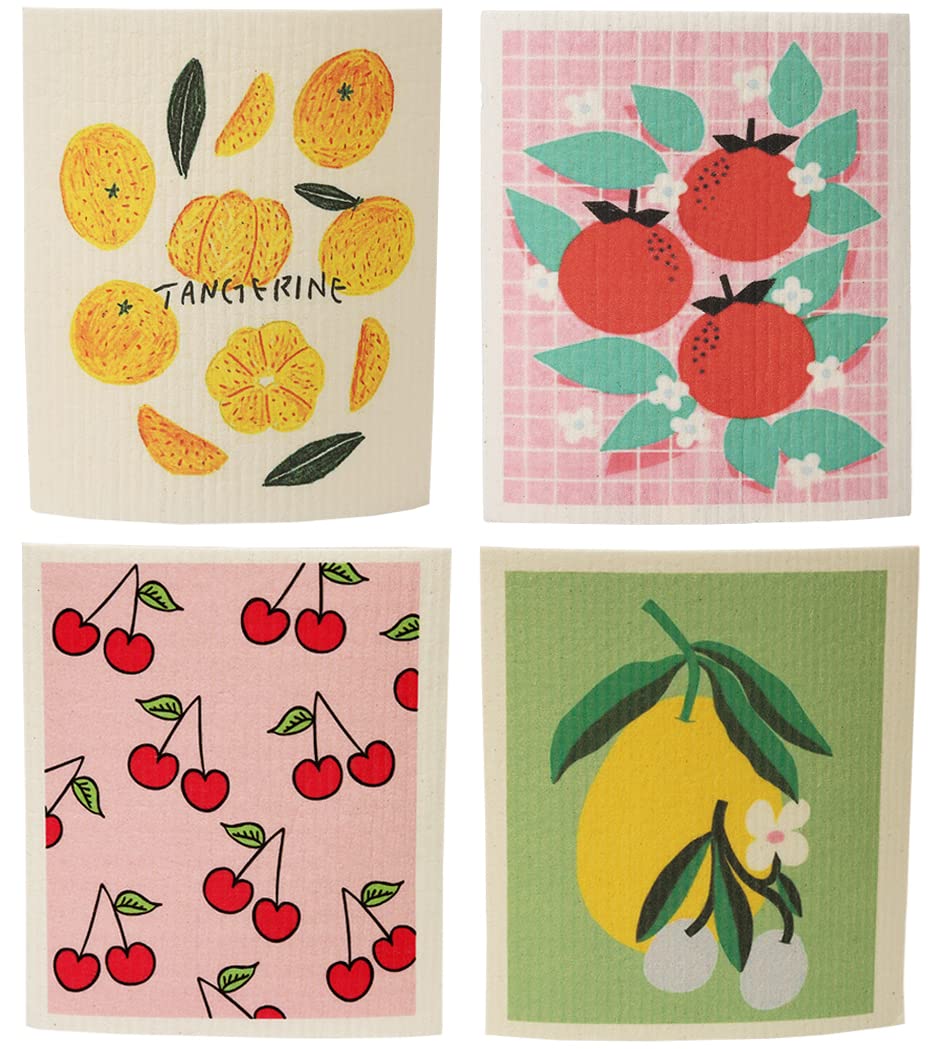 【送料無料】Longwu キッチンワイプ セルロース ふきん クロス 4枚 17x20cm オリジナルデザイン スポンジワイプ 天然繊維 吸水 速乾 ふきん キッチンクロス 色：レモン-4枚、サイズ：約W20cm x D17cm