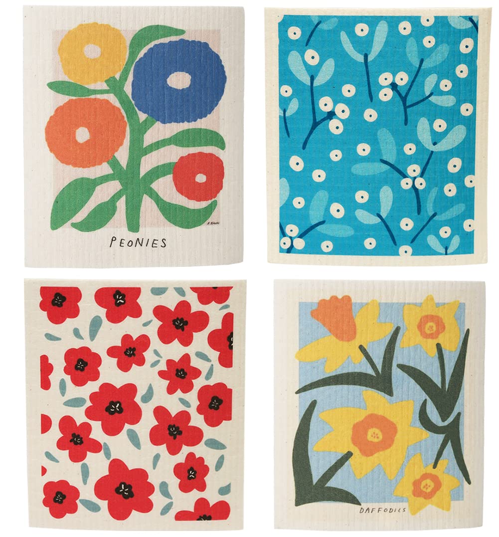 【送料無料】Longwu キッチンワイプ セルロース ふきん クロス 4枚 17x20cm オリジナルデザイン スポンジワイプ 天然繊維 吸水 速乾 ふきん キッチンクロス 色：牡丹-4枚、サイズ：約W20cm x D17cm