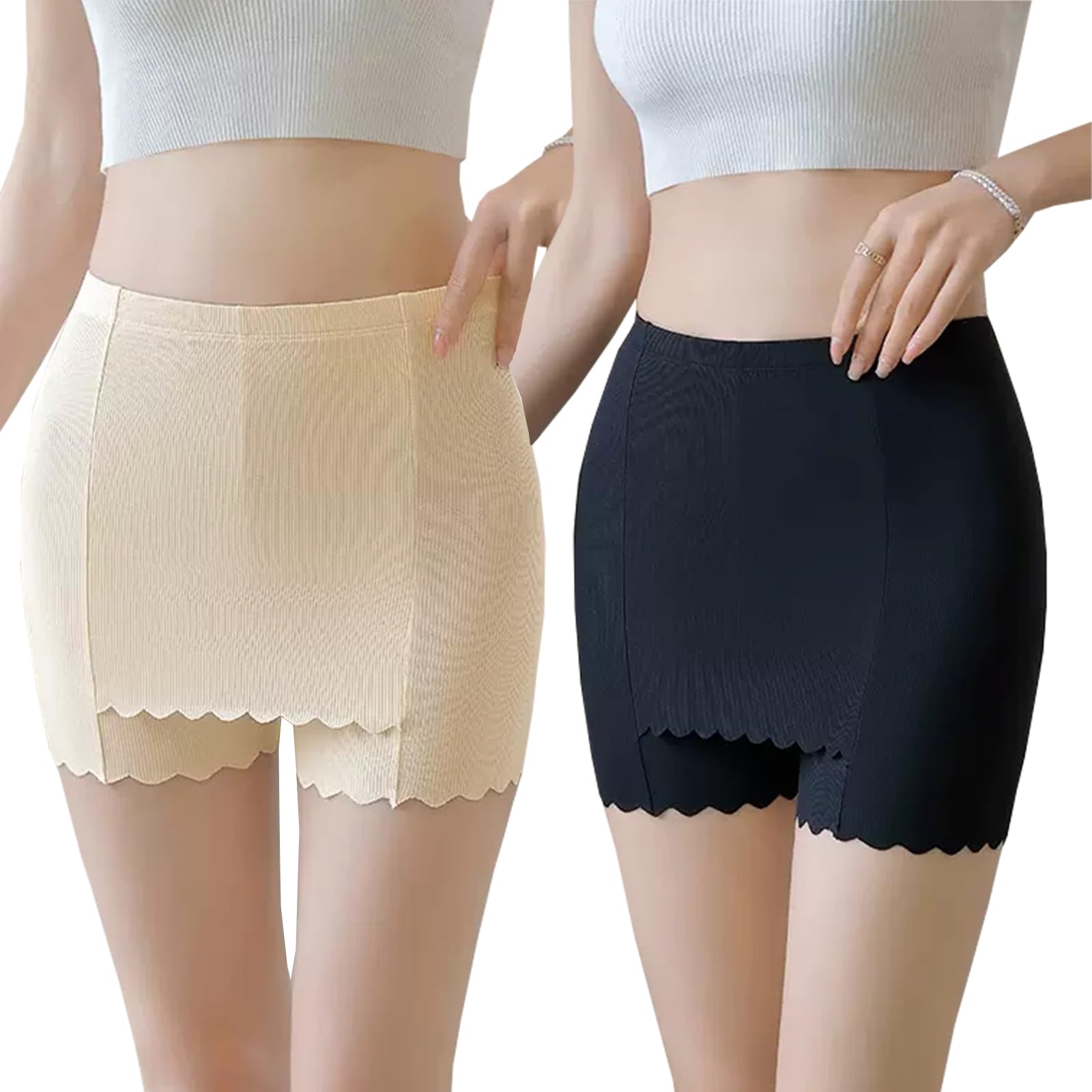 【送料無料】[Ekieta] ペチコート ペチパンツ レディース yライン スカート ics silk 見せパン 透けない 3分丈 下着 タップパンツ 2枚組 色：肌+黒、サイズ：L
