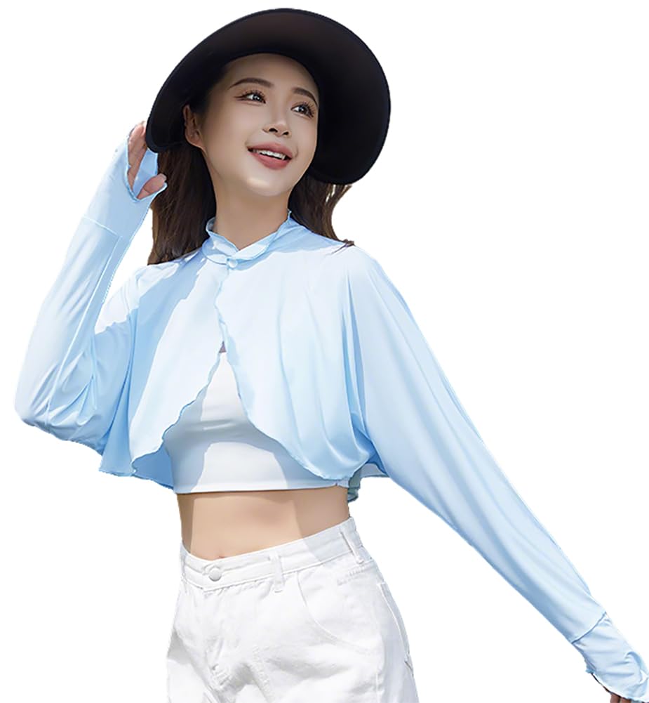 【送料無料】[Ekieta] UVカット99%★アイスシルク カーディガン レディース 夏 薄手 ボレロ 【日焼け防止・手の甲までカバー・接触冷感・吸汗速乾】 フリル 立ち襟 長袖 ひんやり 冷房対策 おしゃれ アウトドア 通勤 可愛い 色：ブルー、サイズ：Free Size