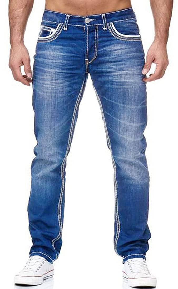 【送料無料】[Laquest] （ラクエスト） ホワイトステッチ ストレート ストレッチ ジーンズ デニム 色：ライトブルー、サイズ：XL