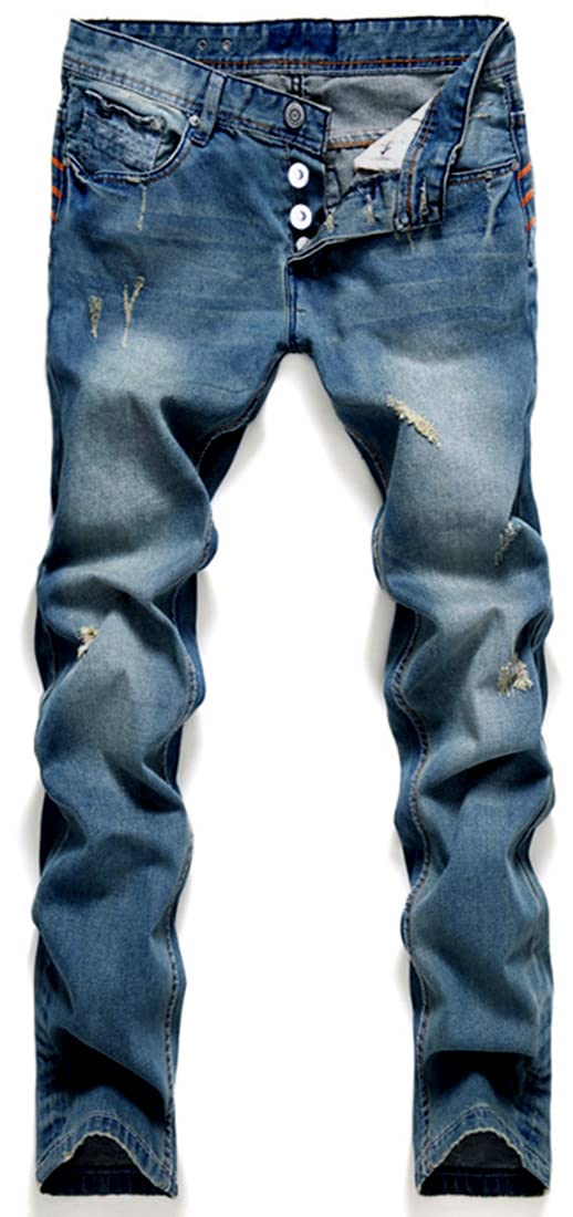 【送料無料】（ラクエスト） ダメージ ジーンズ ストレート スリム デニム メンズ パンツ 色：ブルー、..