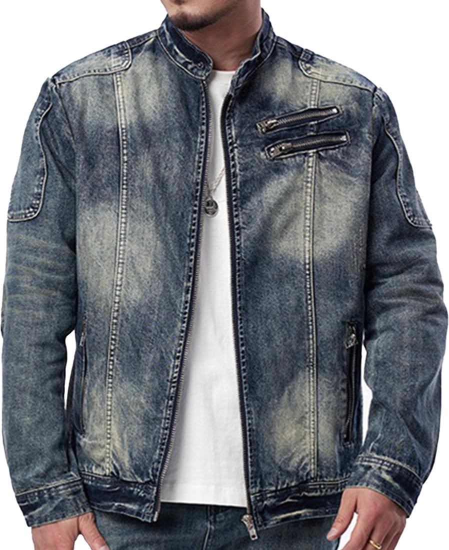 【送料無料】[Laquest] スタンドカラー ジッパー デニム ジャケット ヴィンテージ風 メンズ ライダース..