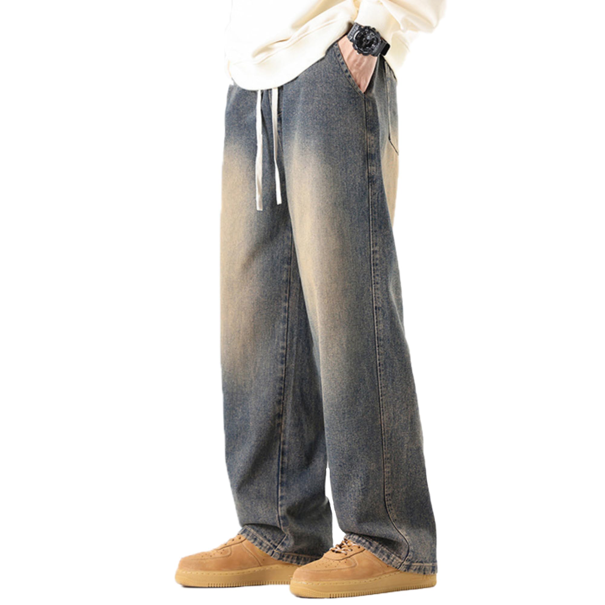 【送料無料】[uptoyou] ジーンズ メンズ ズボン デニムパンツ ワイドパンツ ジーパン サルエルパンツ ゆったり 大きいサイズ イージーパンツ バギーパンツ レトロパンツ 無地 調整紐 カジュアル 春夏秋冬 色：マッドイエロー、サイズ：XL