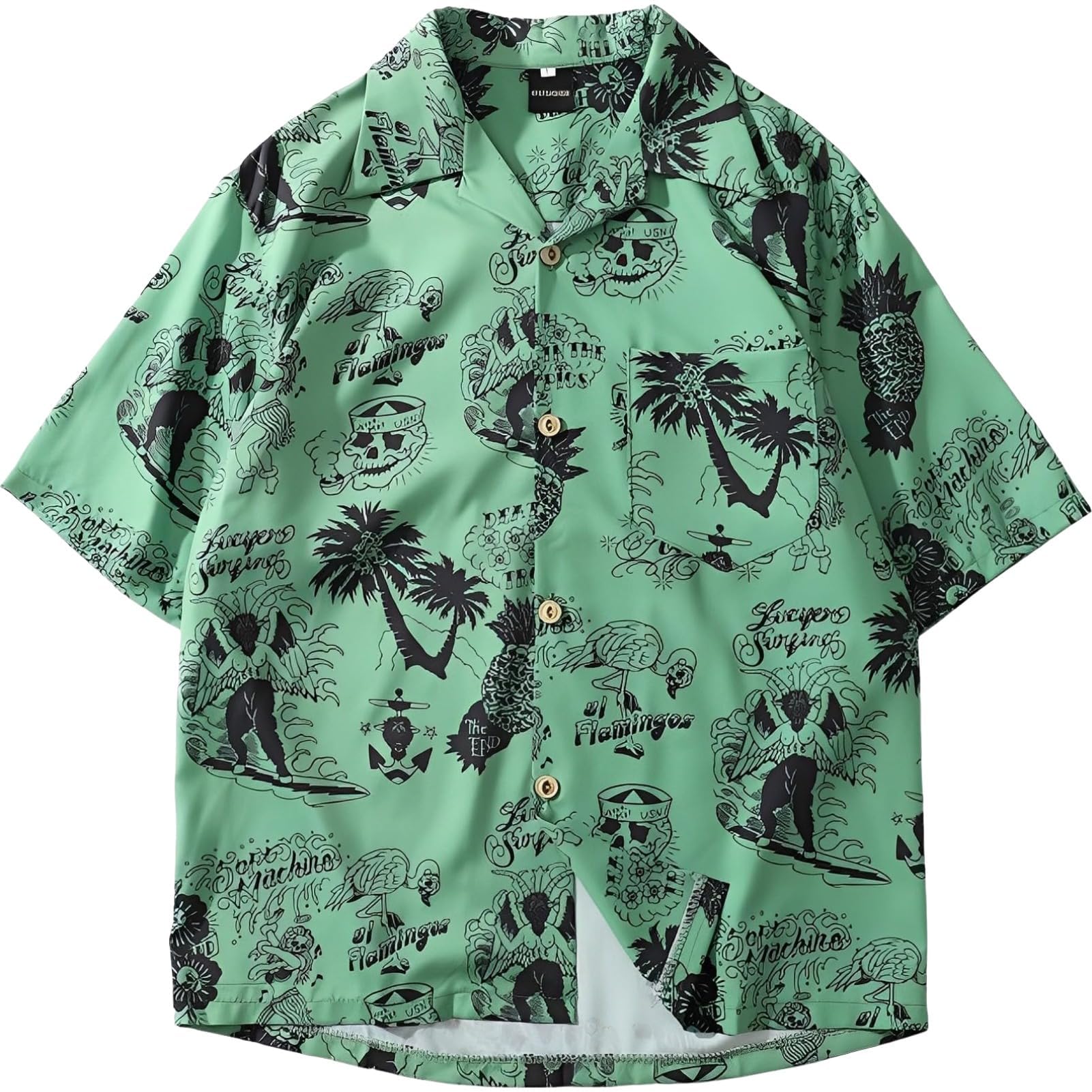 【送料無料】[aspersio] [アスペルシオ] 半袖 アロハシャツ 総柄 ボタンダウンシャツ お兄系 オシャレ プリント トップス メンズ 色：フォレストグリーン、サイズ：M