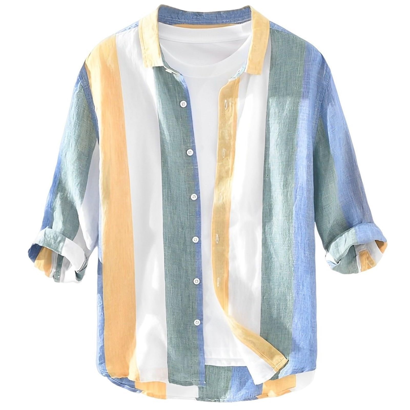 【送料無料】[aspersio] [アスペルシオ] 七分袖 ストライプシャツ 襟付き ボタンダウン ストリート系 オシャレ トップス メンズ 色：イエロー ストライプ、サイズ：XL