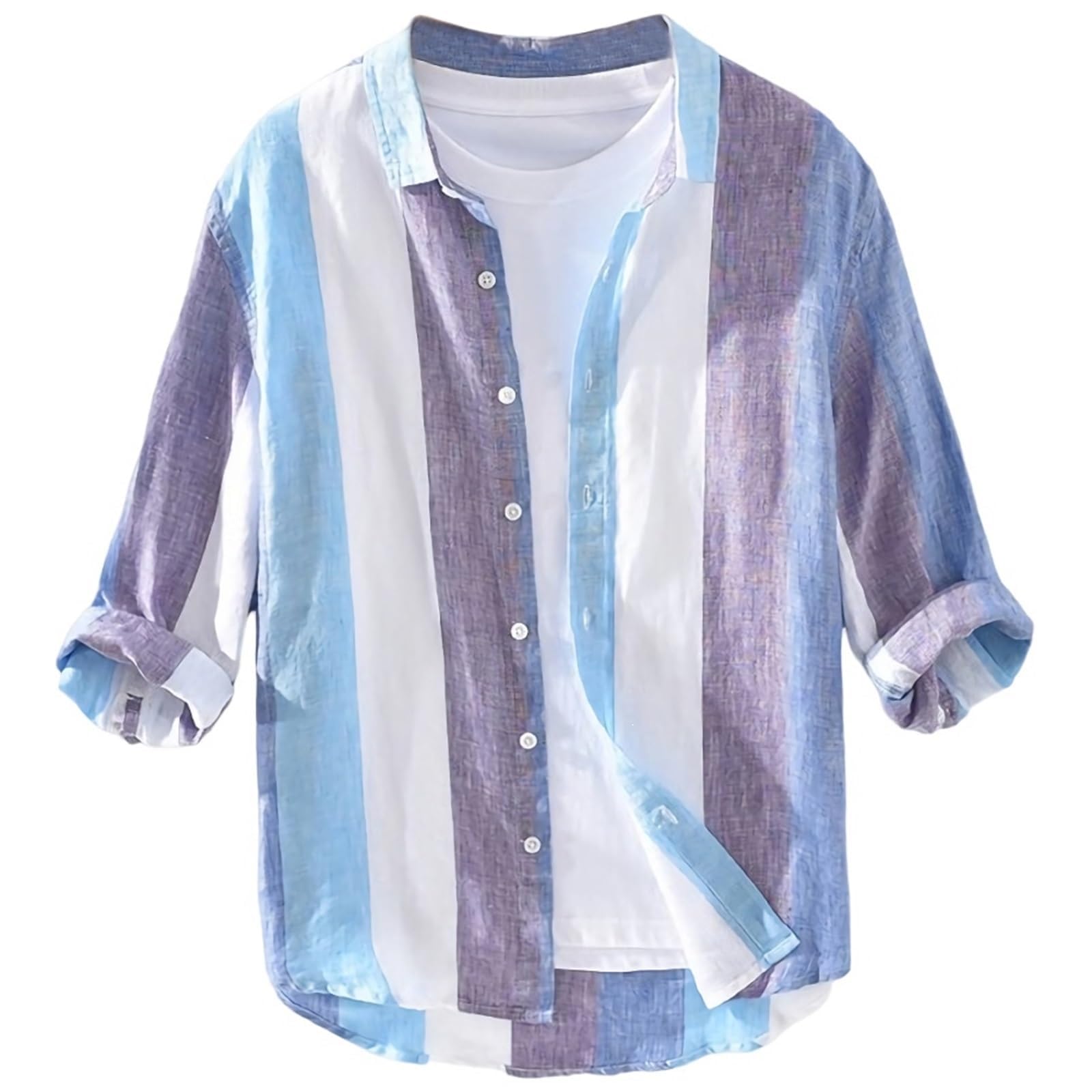 【送料無料】[aspersio] [アスペルシオ] 七分袖 ストライプシャツ 襟付き ボタンダウン ストリート系 オシャレ トップス メンズ 色：ブルーストライプ、サイズ：M