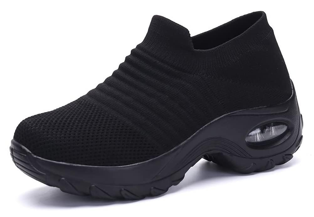 【送料無料】[aspersio] [アスペルシオ] ヒールアップ シューズ ウォーキング ひもなし 厚底 スニーカー レディース 色：オールブラック、サイズ：23.5 cm