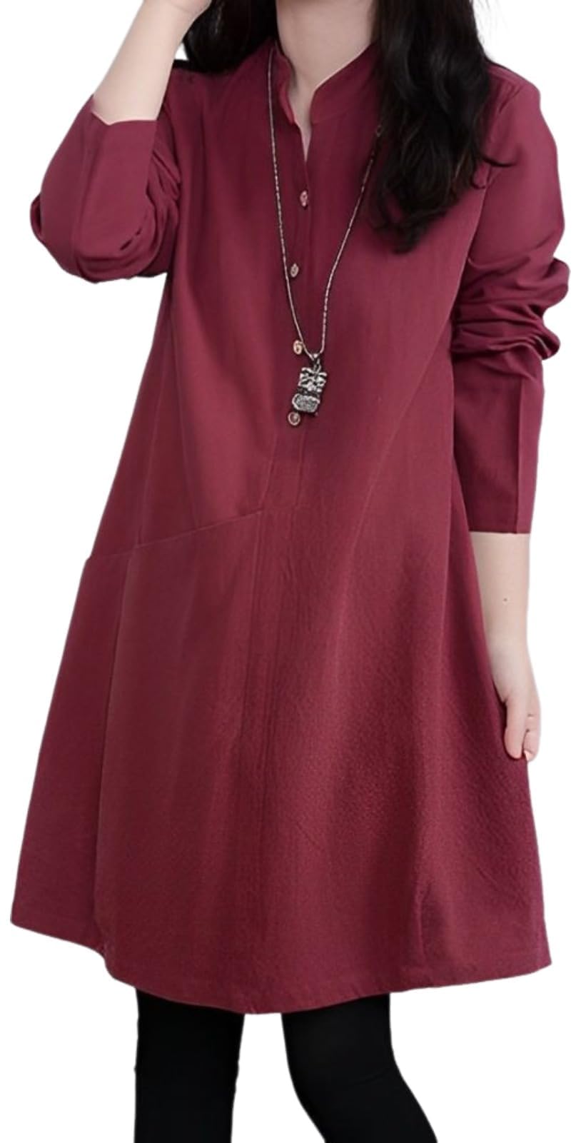 【送料無料】[aspersio] [アスペルシオ] 長袖 膝丈 スキッパー ワンピース aライン チュニック シャツ レディース 色：レッド、サイズ：M