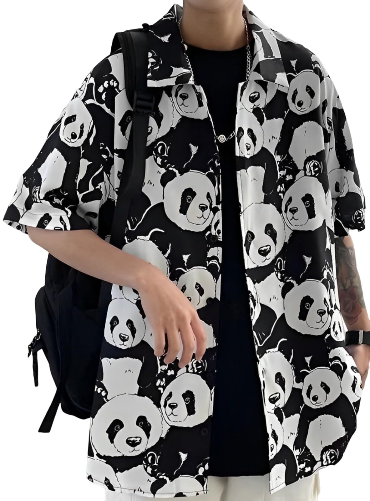 【送料無料】[aspersio] [アスペルシオ] オシャレ パンダ 半袖 シャツ 総柄 プリント 襟付き 開襟シャツ 涼感 トップス メンズ 色：パンダ柄、サイズ：M