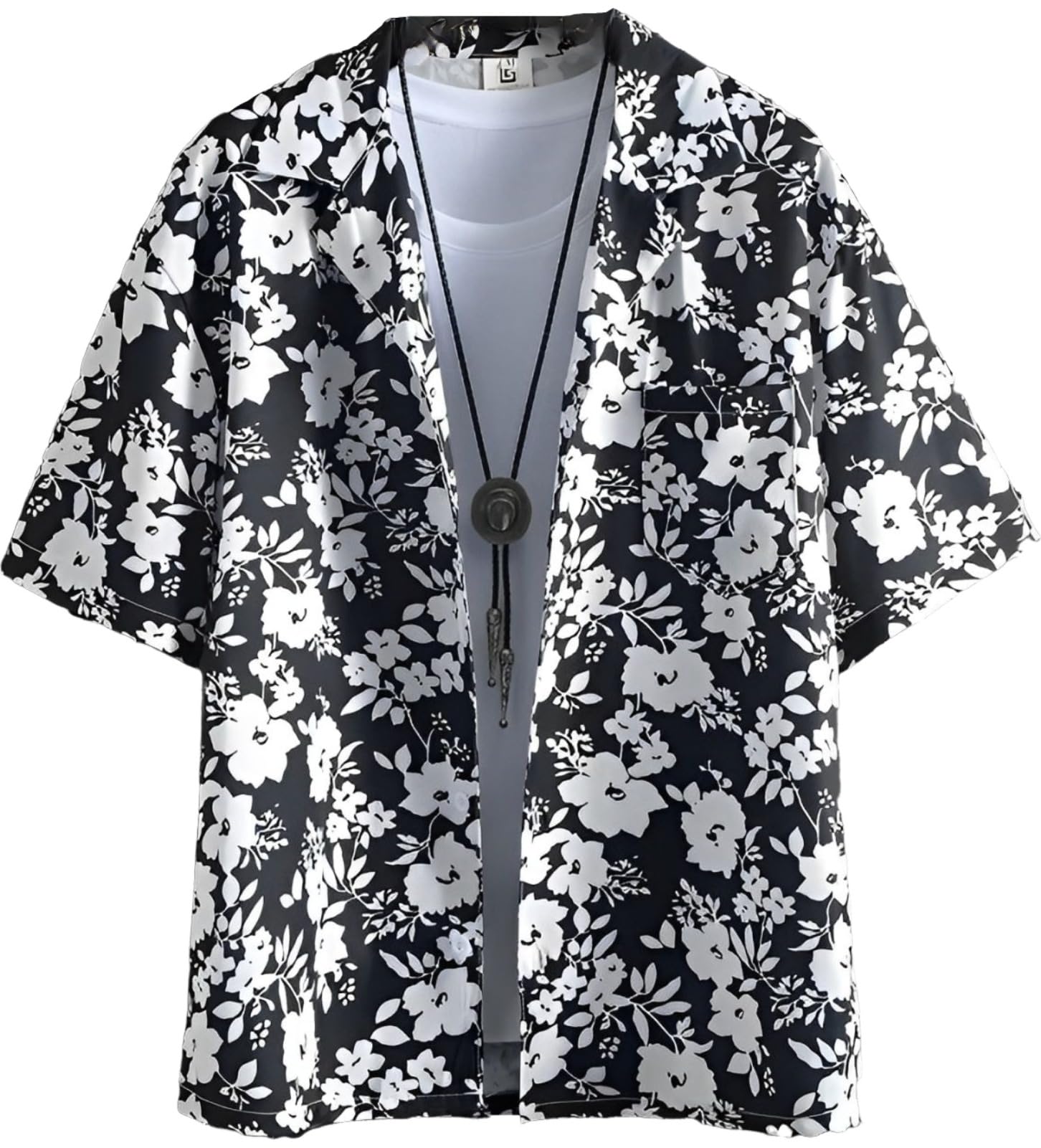 【送料無料】[aspersio] [アスペルシオ] モノトーン 花柄シャツ オープンカラー 爽やか フラワー プリント 半袖 トップス メンズ 色：フラワーブラック、サイズ：XL