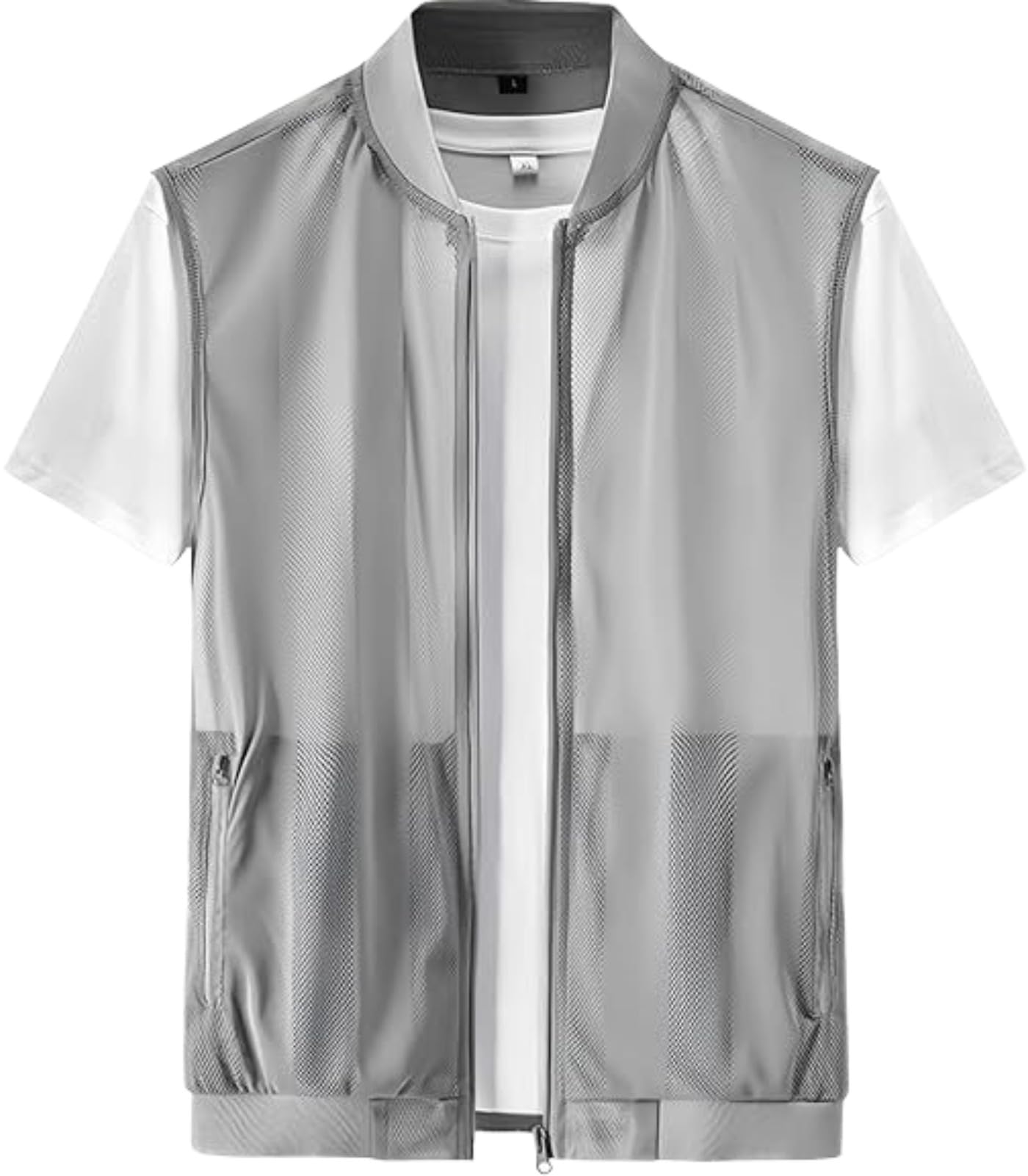 【送料無料】[aspersio] [アスペルシオ] メッシュ ベスト 軽量 快適 アウトドア 襟なし ジップアップ オシャレ チョッキ メンズ 色：アッシュグレー、サイズ：2XL