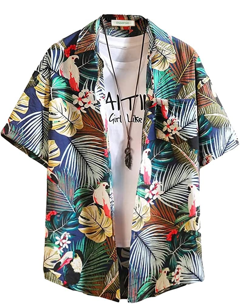 【送料無料】[aspersio] [アスペルシオ] 半袖 花柄 アロハ風 シャツ メンズ 色：ネイビー、サイズ：2XL