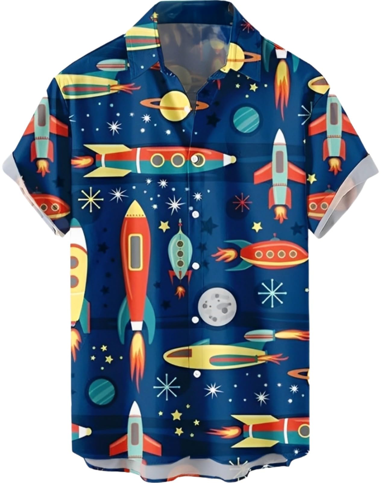 【送料無料】[aspersio] [アスペルシオ] 襟付き ロケット 半袖 プリント 宇宙 スペース 総柄 ショートスリーブ トップス メンズ 色：プルシャンブルー、サイズ：2XL