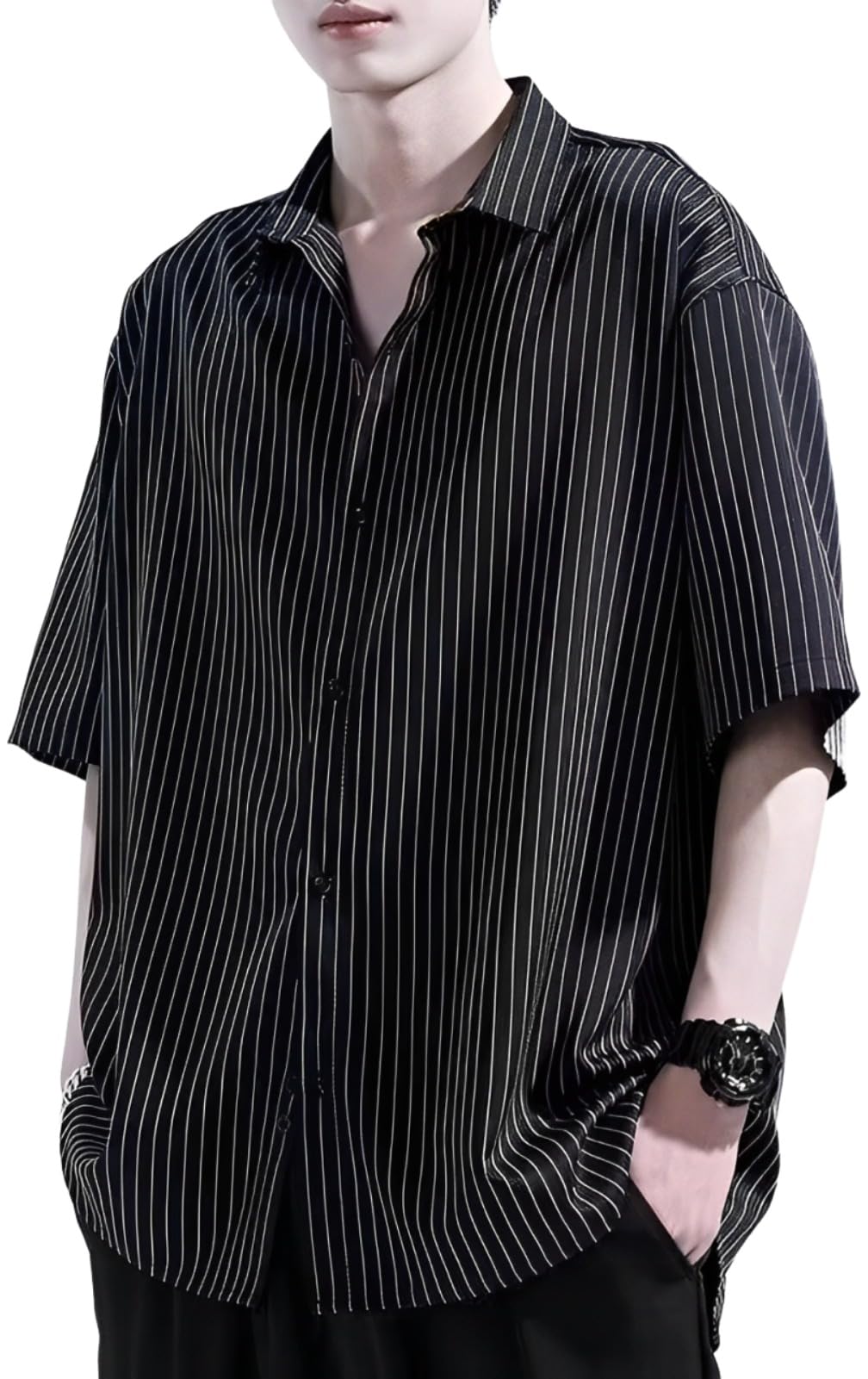 楽天COCO 生活便利グッズ【送料無料】[aspersio] [アスペルシオ] ストライプ 襟付き 半袖 シャツ 総柄 快適 軽い トップス オシャレ ストリート メンズ 色：ブラック ストライプ、サイズ：L