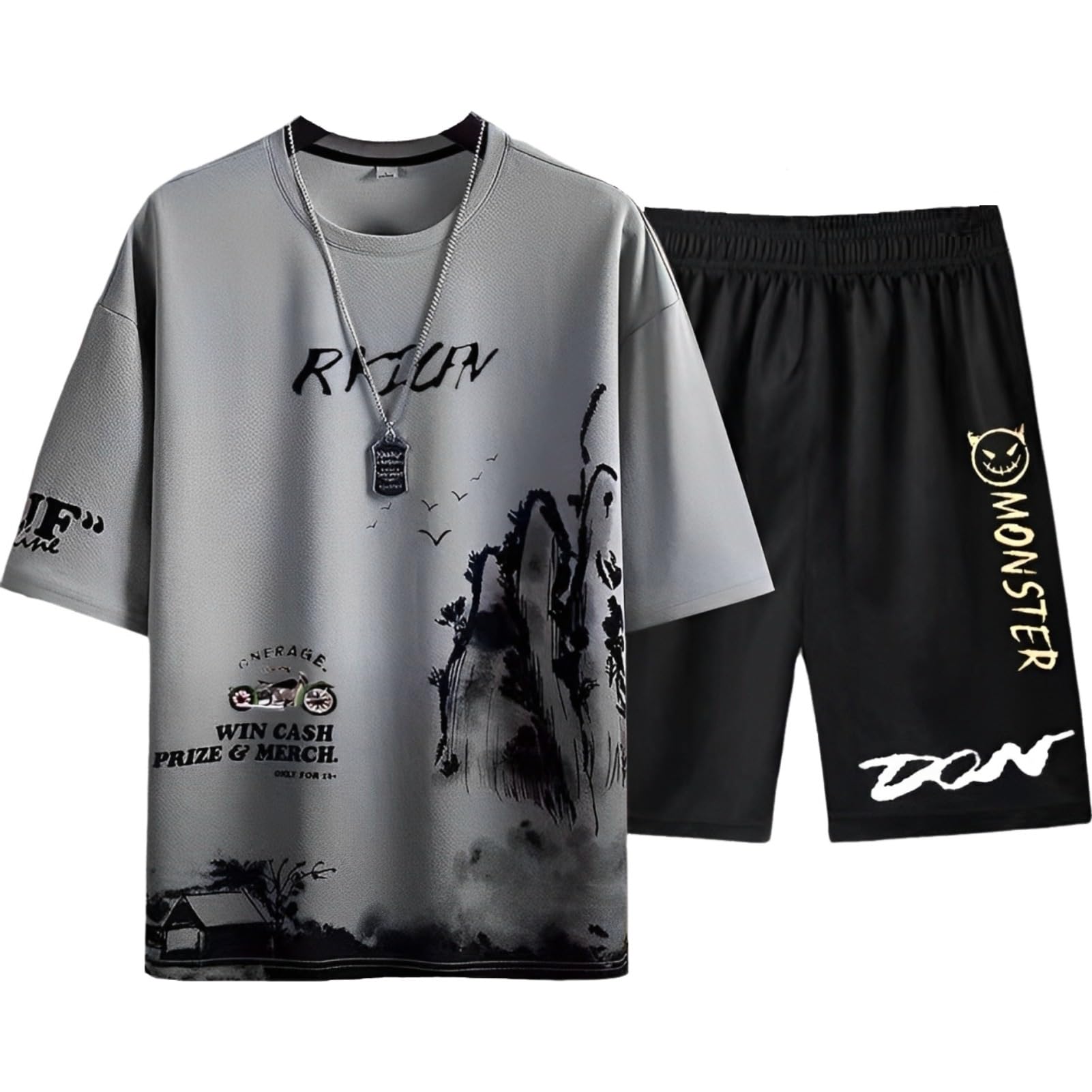 【送料無料】[aspersio] [アスペルシオ] ストリート 上下 セット 半袖 ハーフパンツ 通気性 オシャレ スポーツ ジャージ メンズ 色：スカイグレー、サイズ：M