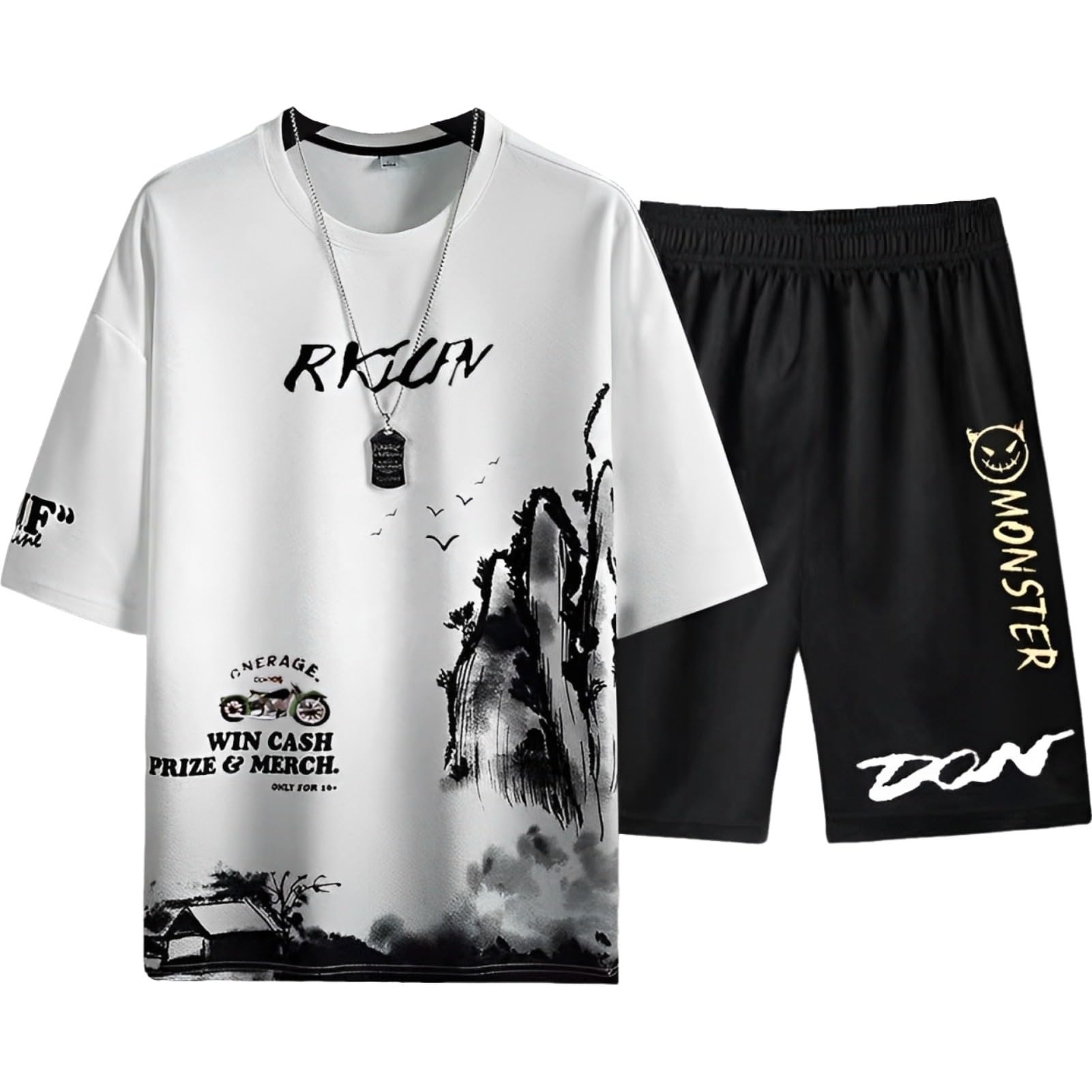 【送料無料】[aspersio] [アスペルシオ] ストリート 上下 セット 半袖 ハーフパンツ 通気性 オシャレ スポーツ ジャージ メンズ 色：スノウホワイト、サイズ：M