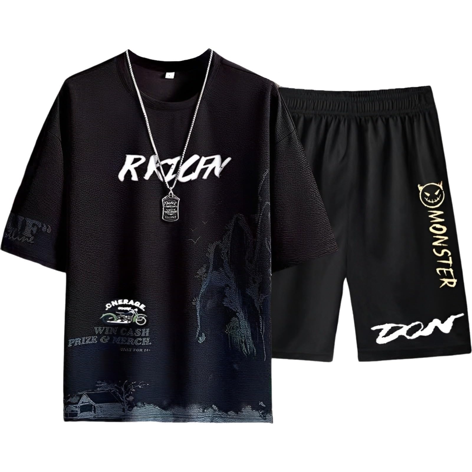 【送料無料】[aspersio] [アスペルシオ] ストリート 上下 セット 半袖 ハーフパンツ 通気性 オシャレ スポーツ ジャージ メンズ 色：マットブラック、サイズ：M