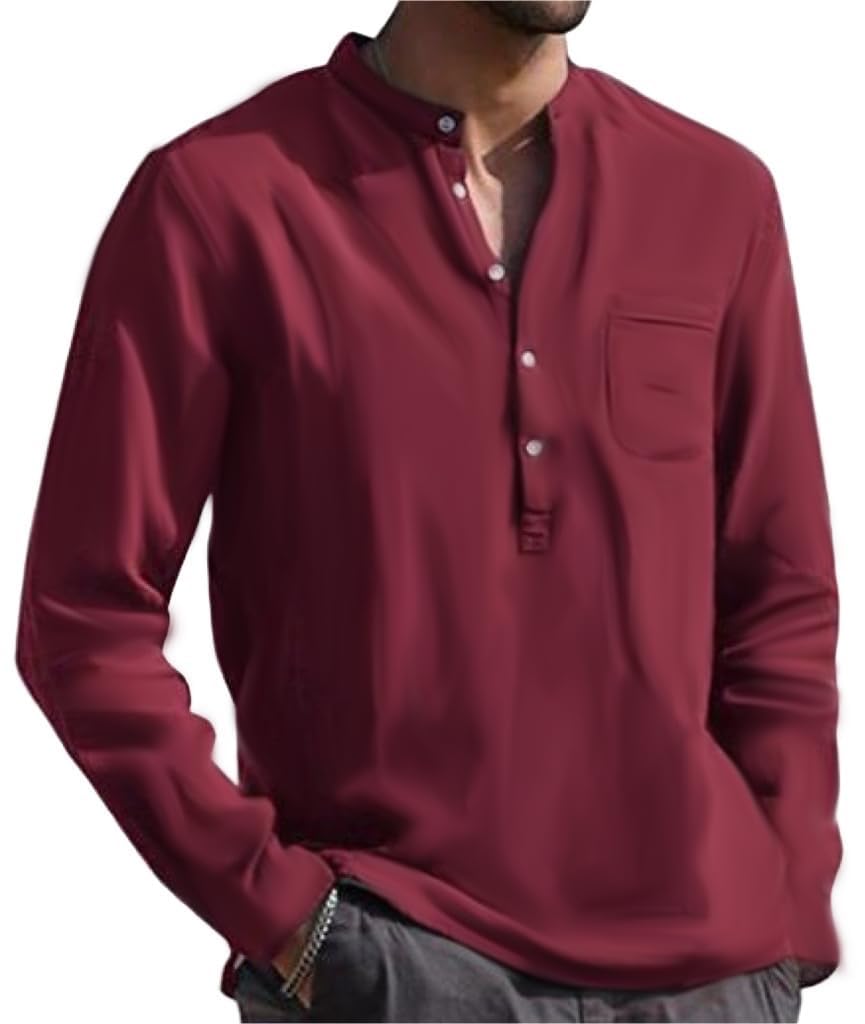 【送料無料】[aspersio] アスペルシオ さわやか ヘンリーネック シャツ スタンドカラー お洒落 デザイン v系 トップス メンズ 色：アンバーレッド、サイズ：3XL