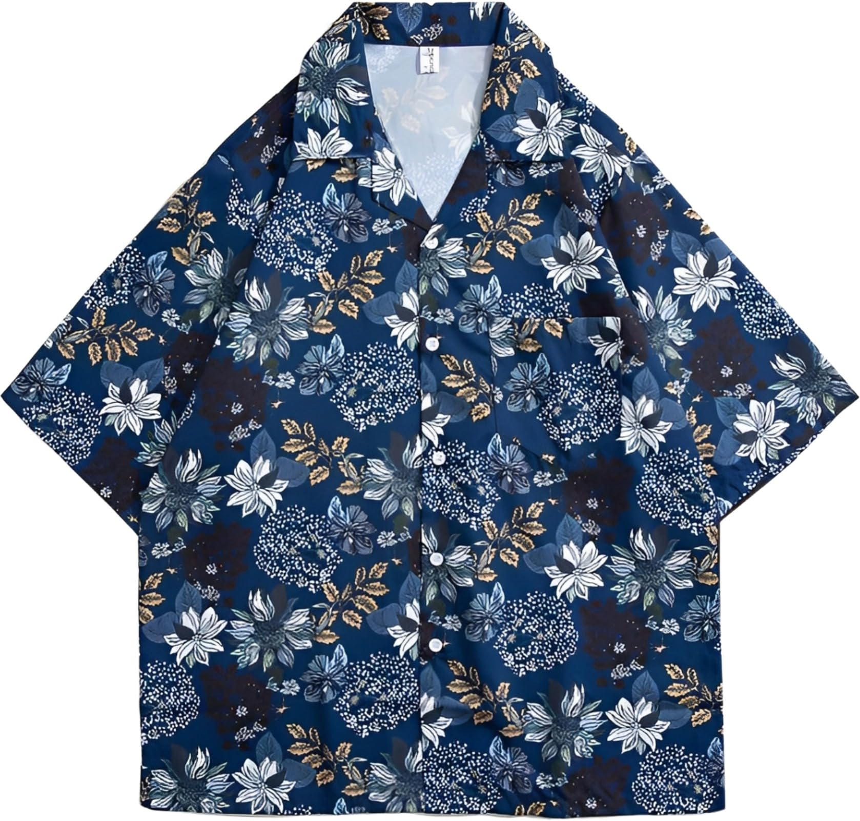 【送料無料】[aspersio] [アスペルシオ] ひまわり柄 オープンシャツ オシャレ さわやか 開襟シャツ 花柄 トロピカル 半袖 メンズ 色：フラワーネイビー、サイズ：XL