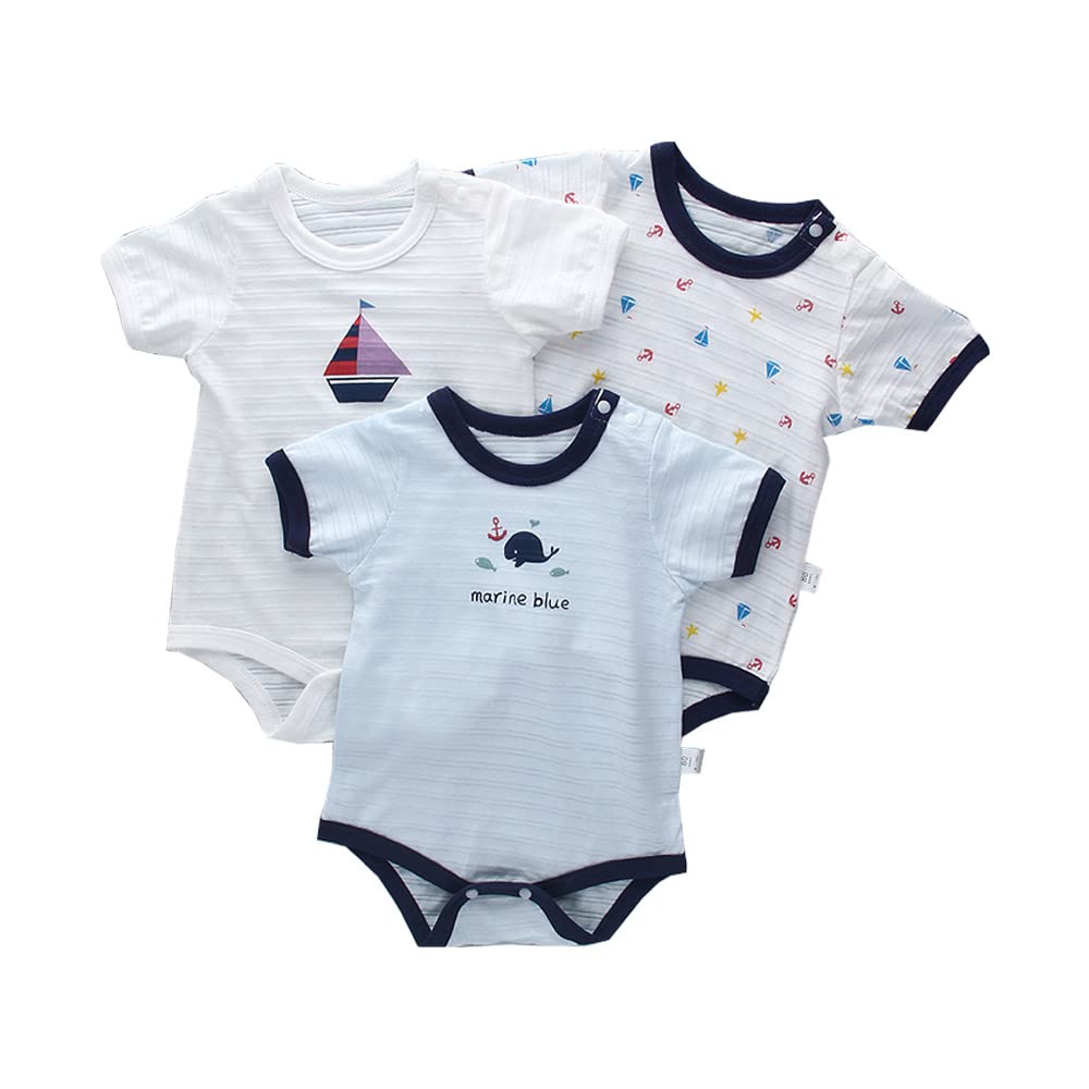 【送料無料】Baby koiベビー服ボディシャツ男の子キャミソールメッシュ柄三枚組コツトンロンパース肌着通年素材カバーオール 色：半袖、サイズ：80