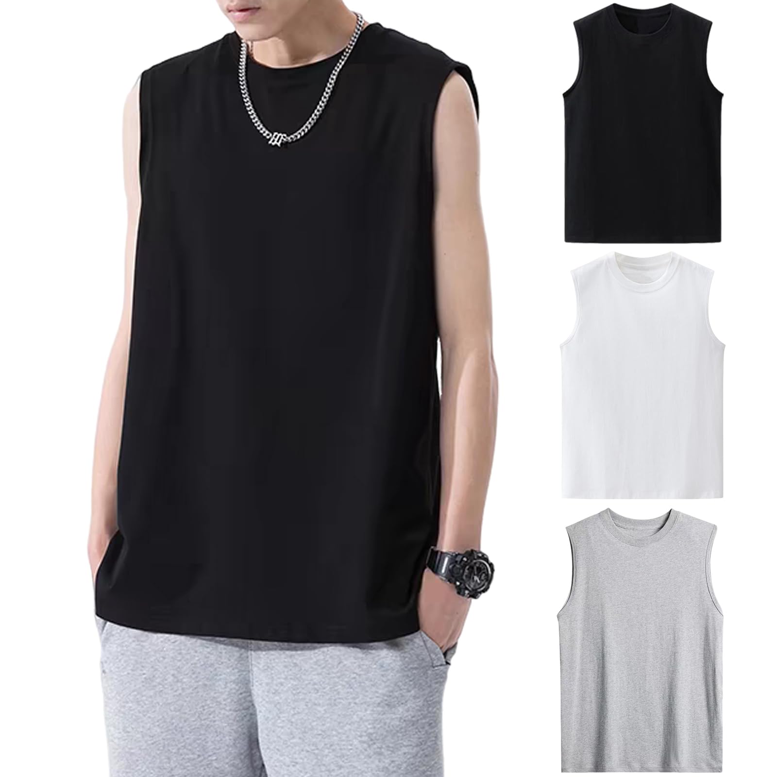 【送料無料】Hisitosa インナーシャツ メンズ タンクトップ 3枚組 5枚組 綿100% 肌着 メンズ tシャツ ノースリーブ 無地 スポーツ 下着 ゆったり 大きいサイズ 柔らかい 防菌防臭 通気性 色：3枚組（ブラック+ホワイト+ダークグレー）、サイズ：3XL