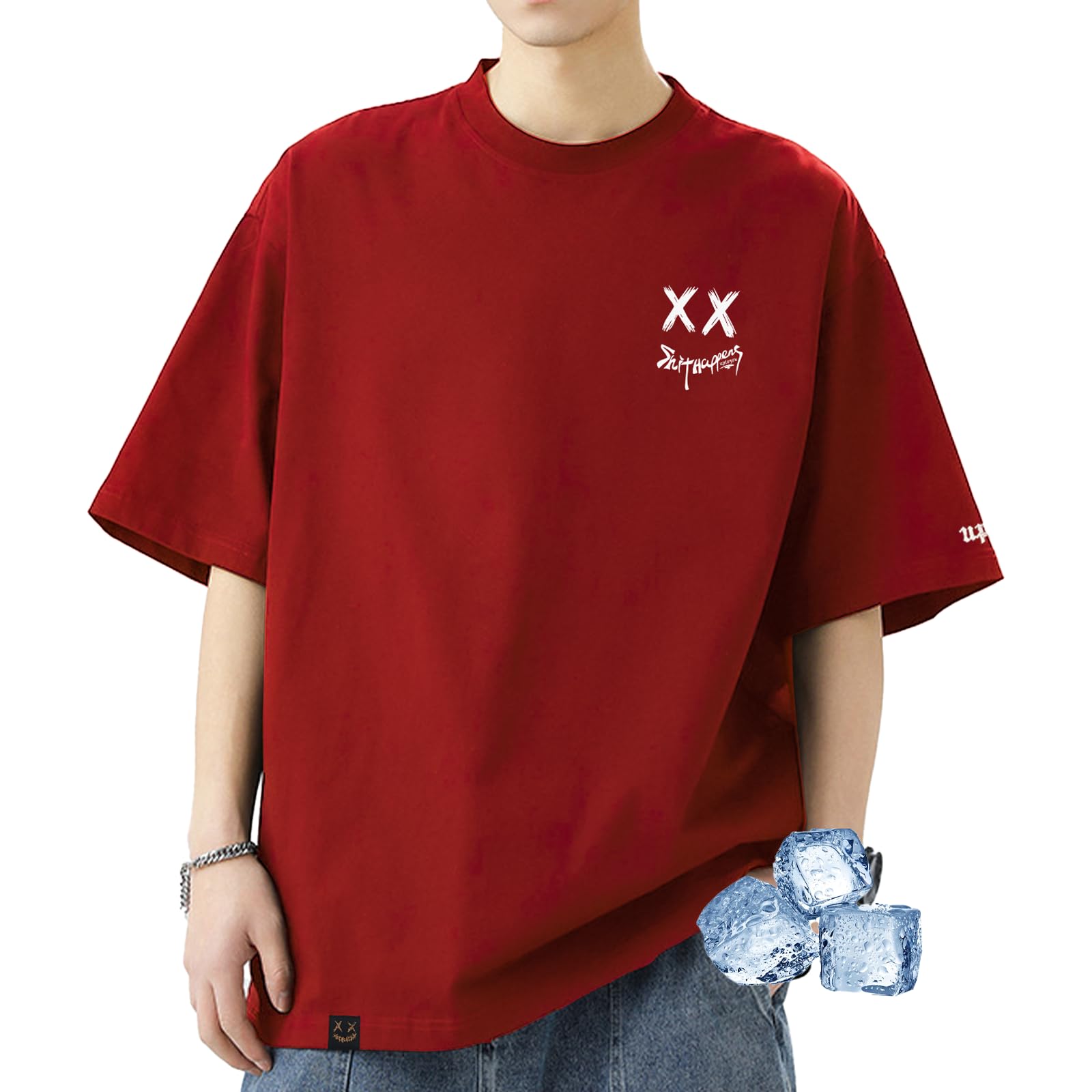 楽天COCO 生活便利グッズ【送料無料】[uptoyou] Tシャツ メンズ 半袖 ビッグシルエット 大きいサイズ ストリート系 透けない 笑顔 バックプリント 吸汗速乾 接触冷感 ヘビーウェイト クルーネック 男女兼用 夏服 色：レッドB、サイズ：S