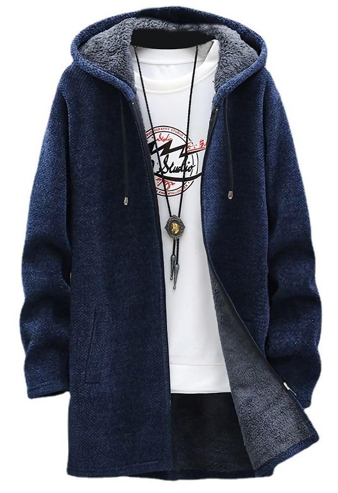 【送料無料】[aspersio] [アスペルシオ] フードつき ジップアップ ロングコート ビター系 お洒落 裏起毛 アウター メンズ 色：スモークネイビー、サイズ：L