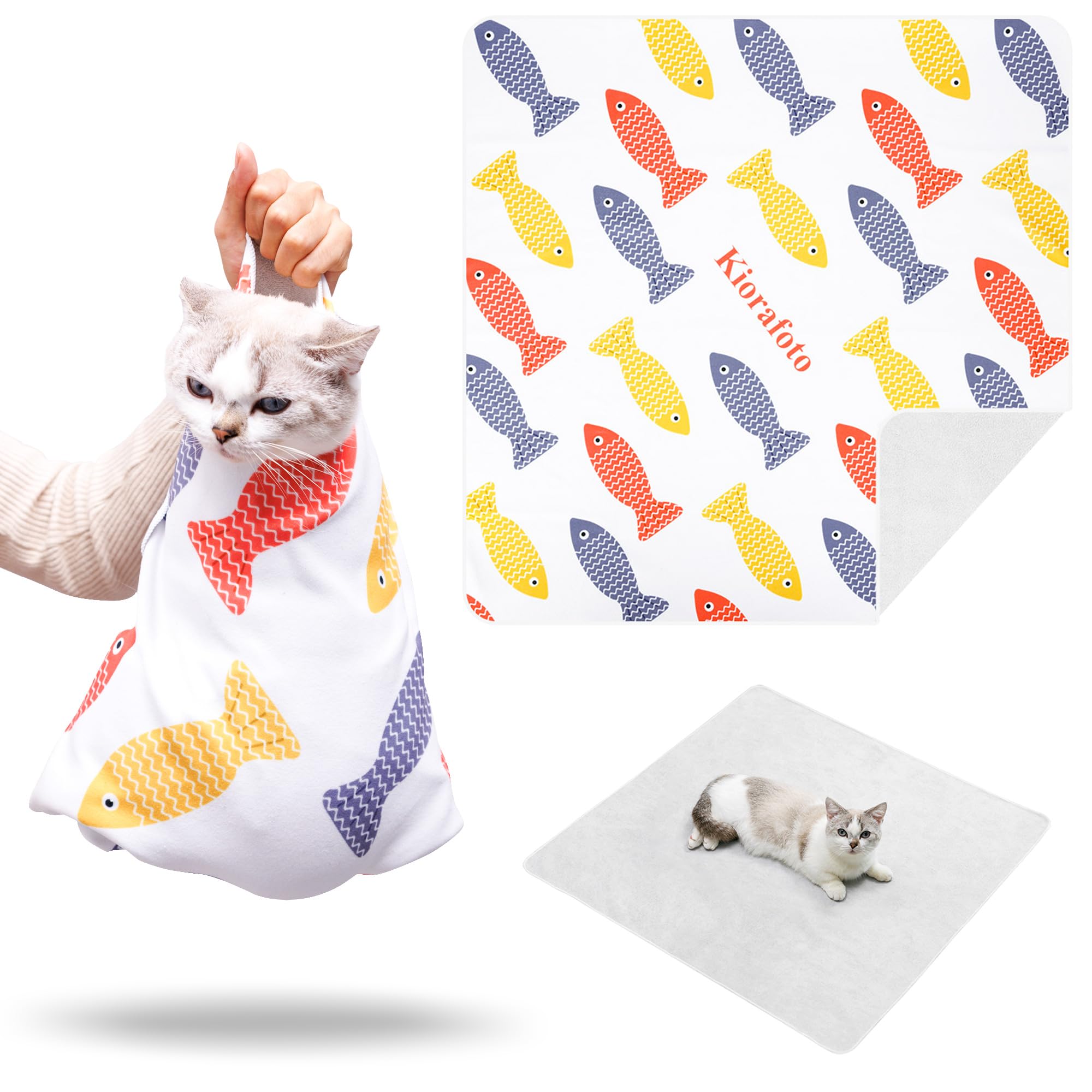 【送料無料】JJC 猫用グルーミングバッグ 猫爪切用 自己粘着性猫用ラップ 色：魚の柄 90X90CM、サイズ：魚の柄 90X90CM