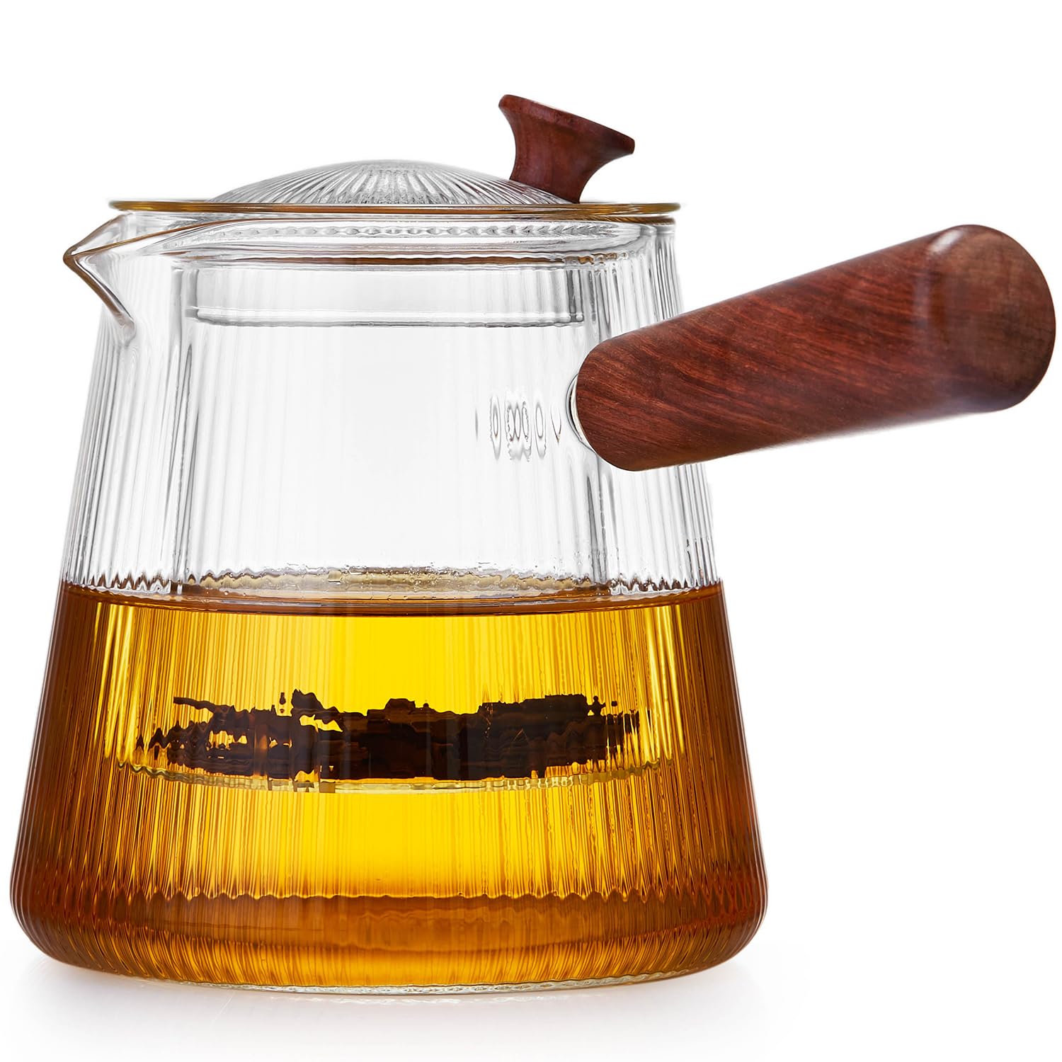 【送料無料】ポカロティー 急須 耐熱ガラス 透明 ポット 直火対応 横手 ティーポット 500ml 直火対応 木製持ち手 透明ガラス茶こし付き 囲炉煮茶 硝子片手鍋 色：縦縞、サイズ：800ml