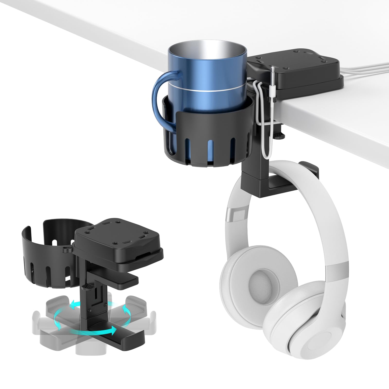 【送料無料】KDD 3 in 1 ヘッドホン スタンド 360°回転 ヘッドホンハンガー 取り外し可能 ドリンクホルダー デスク カップホルダー ケーブル収納 2つワイヤホール付きの卓下 ヘッドホンフック 滑り止め 頑丈 ヘッドフォン スタンド - マグカップ、コーヒー 色：ブラック