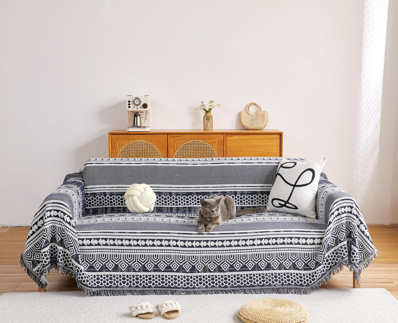 【送料無料】TMVOK マルチカバー 北欧風 ソファカバー おしゃれ 長方形 ブランケット フリンジ付き 綿 2人掛け 3人掛け 4人掛け ソファーかばー カウチ テーブルクロス リバーシブル 犬猫傷 防止 汚れ防止 四季通用 大判 洗える 色：幾何系-A、サイズ：180*230cm/2人掛け